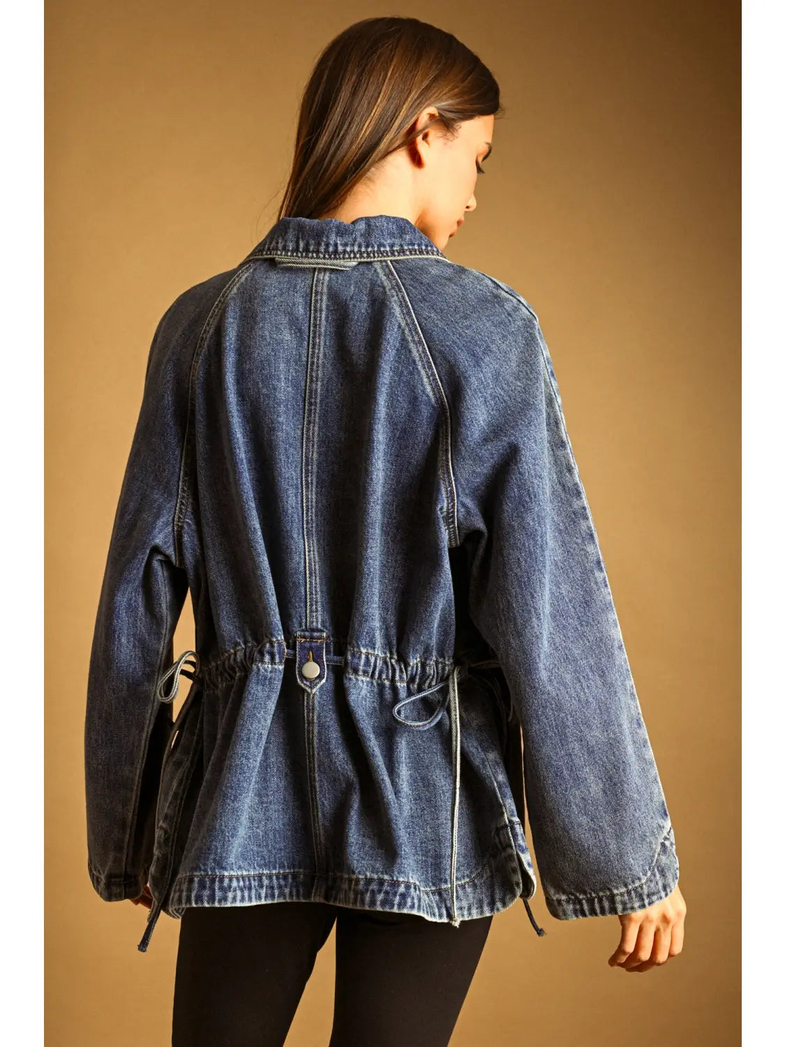Oversized Denim Jacket with Waist Drawstring