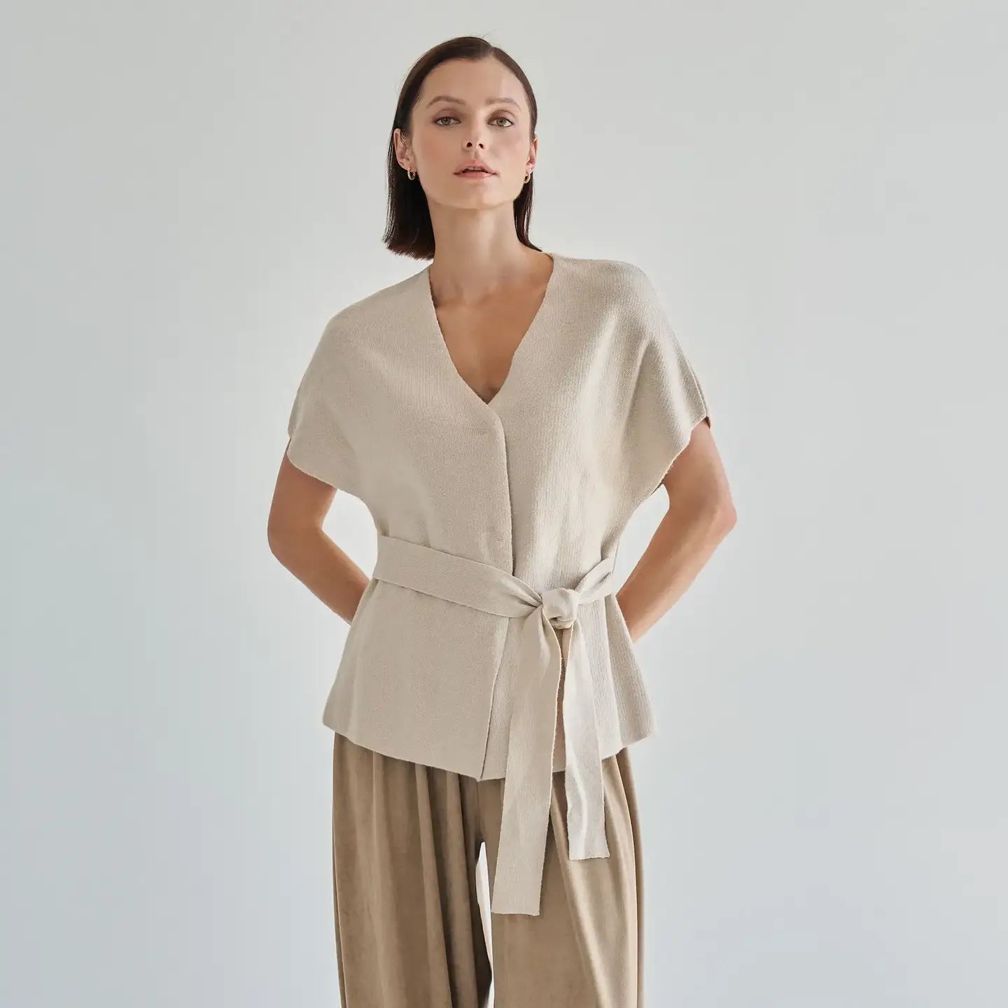 V Neck Tie Waist Short Sleeve Cardigan