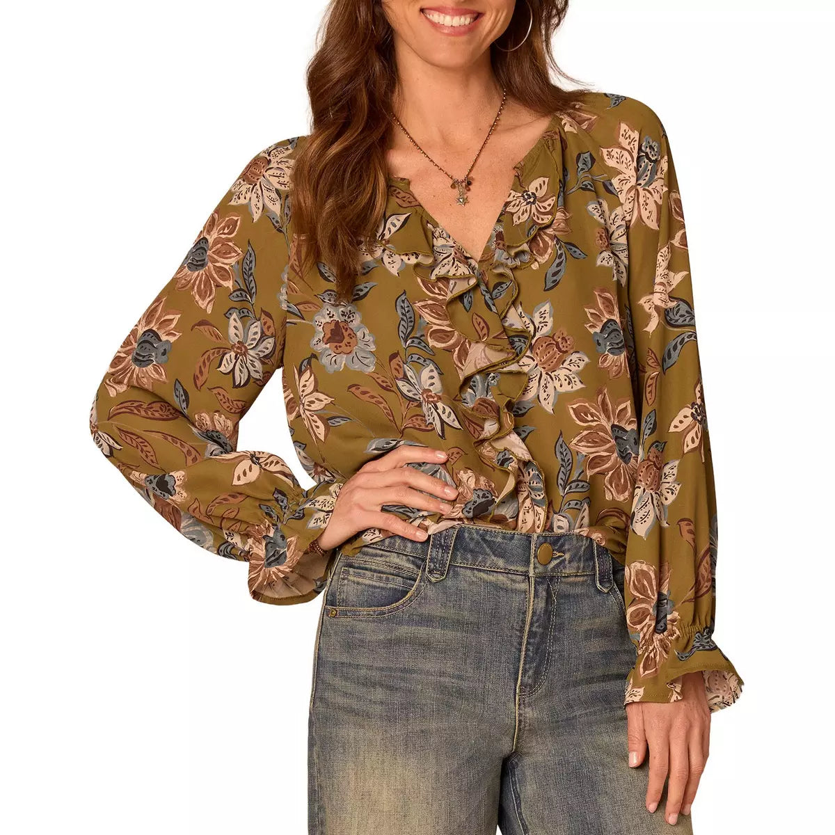 Floral Long Sleeve Top with Flounce Sleeve and Ruffled Front