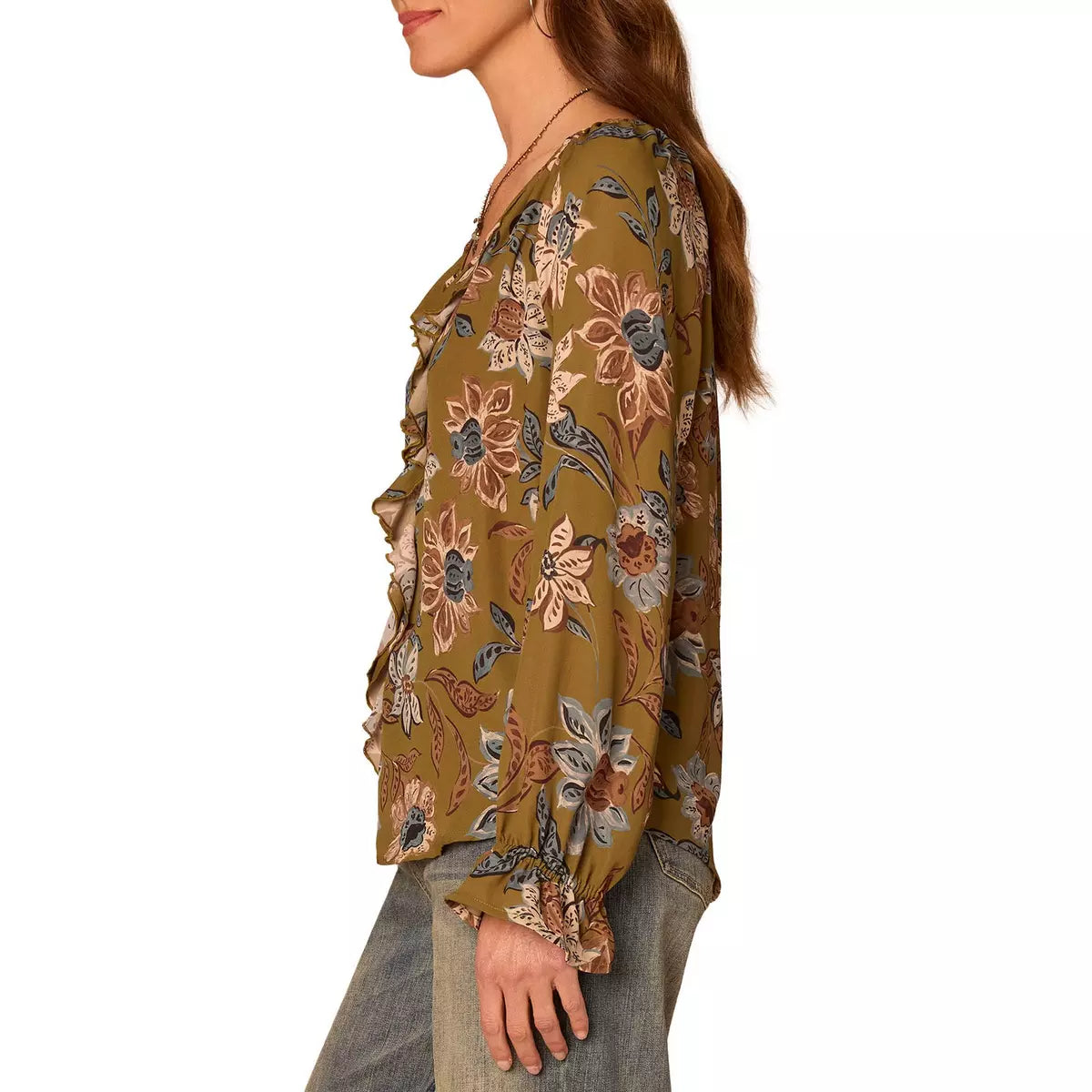 Floral Long Sleeve Top with Flounce Sleeve and Ruffled Front