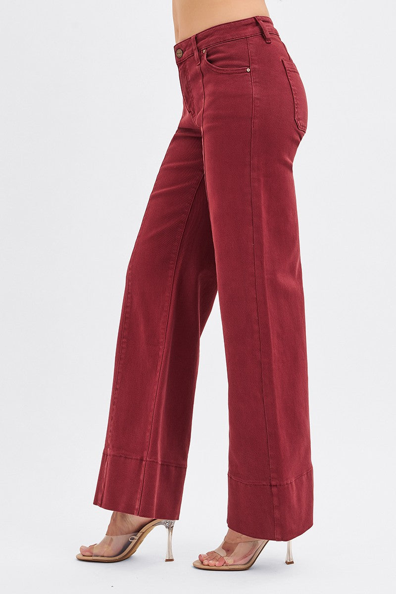 *FINAL SALE* Mid Rise Super Wide Leg Jean with Seaming Detail - Wine