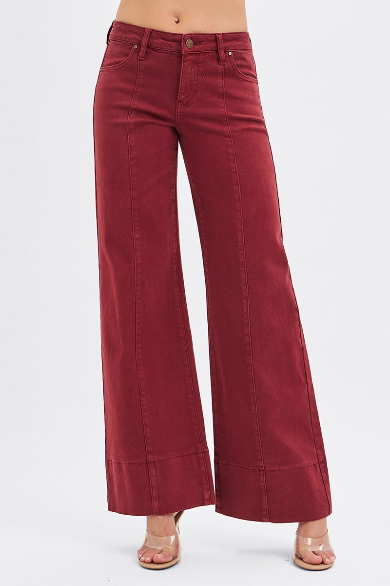 *FINAL SALE* Mid Rise Super Wide Leg Jean with Seaming Detail - Wine
