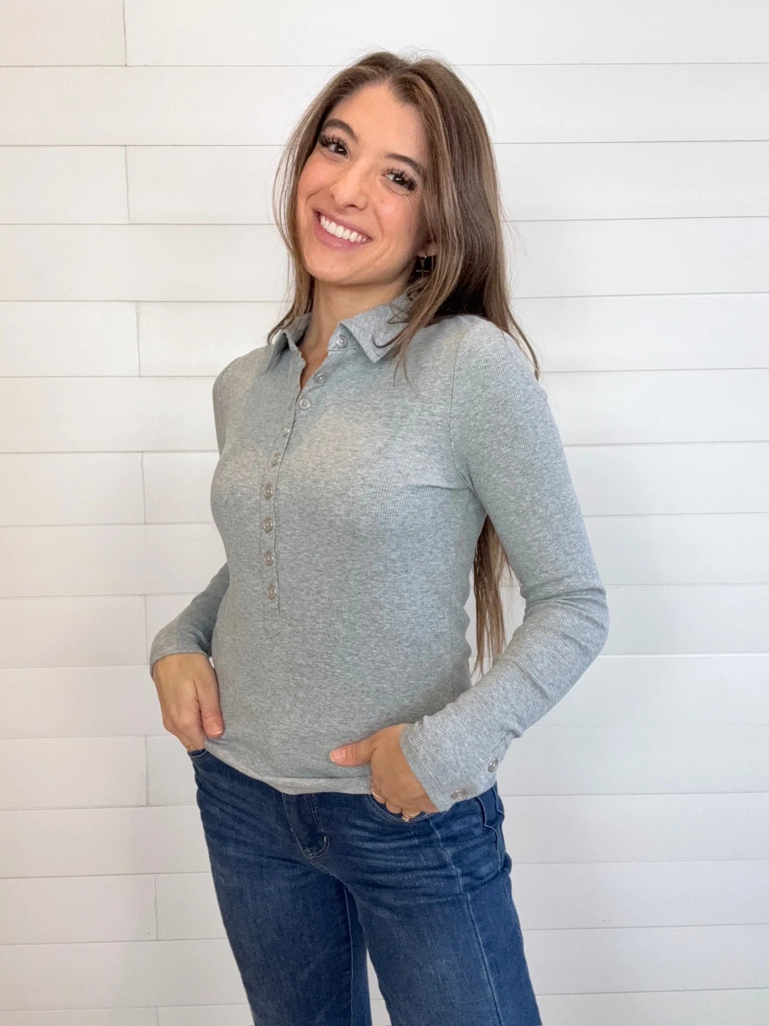 Mac and Me Single Rib Henley Top with Collar