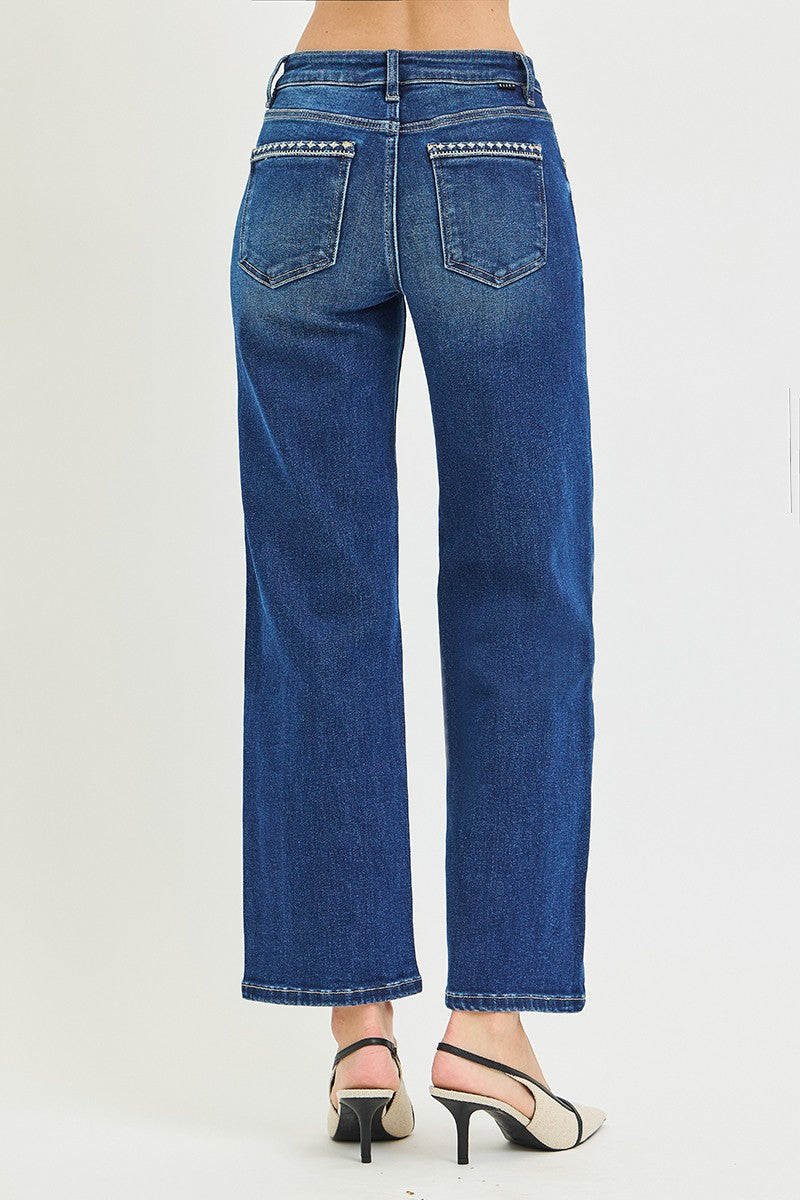 Mid Rise Ankle Straight with Embroidered Detail