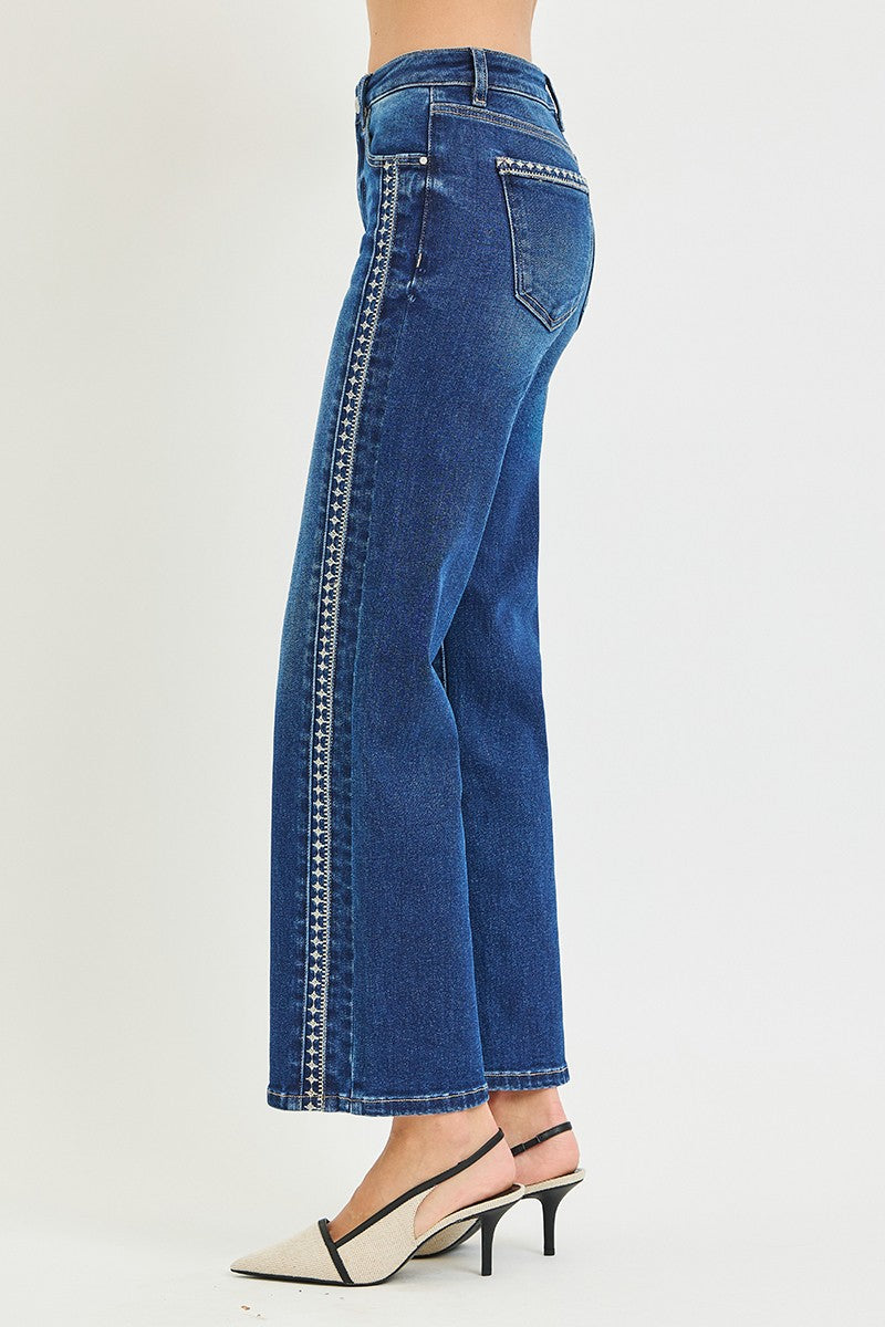 Mid Rise Ankle Straight with Embroidered Detail