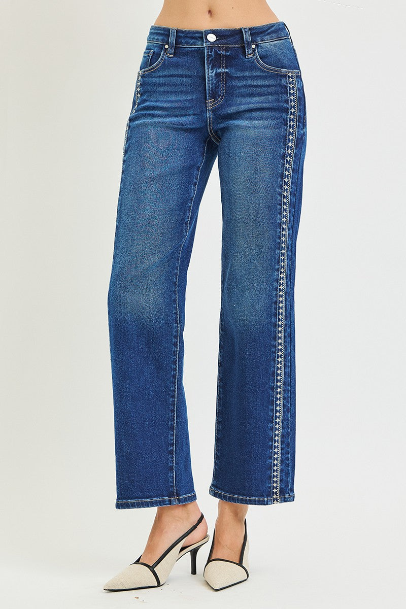 Mid Rise Ankle Straight with Embroidered Detail