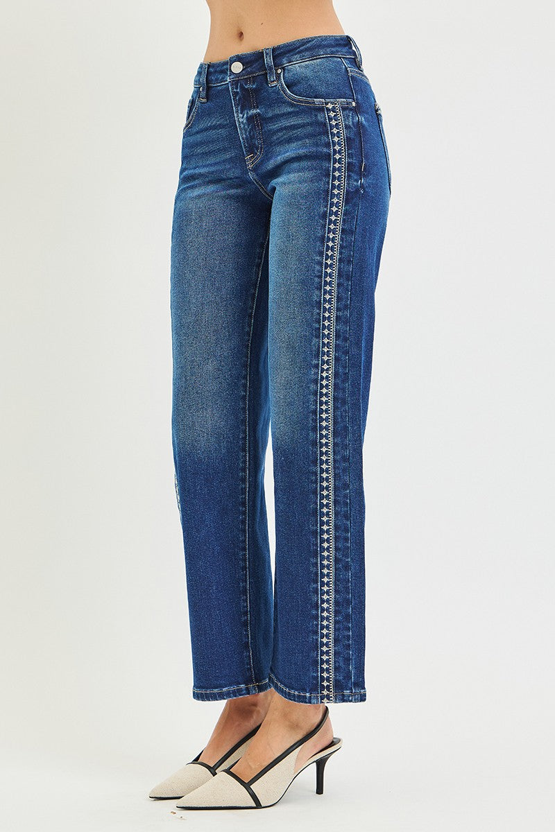 Mid Rise Ankle Straight with Embroidered Detail