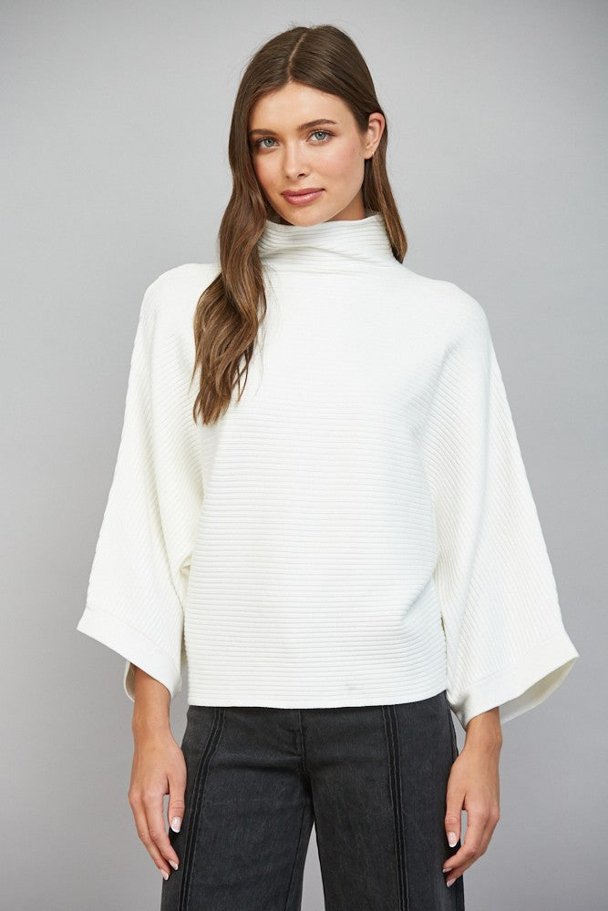 Horizontal Textured Ribbed Knit Mock Neck Sweater