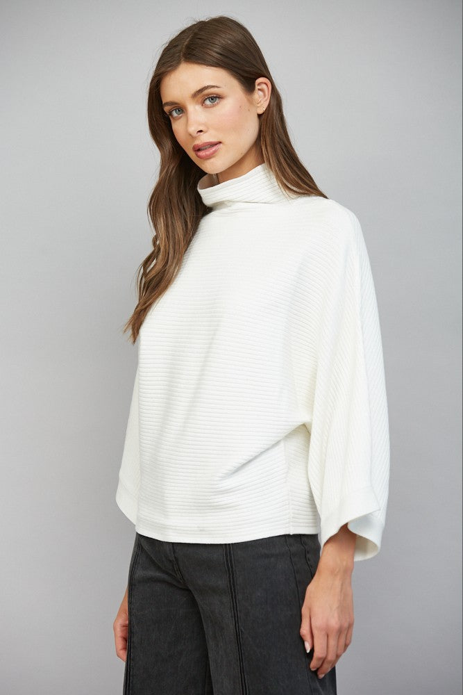Horizontal Textured Ribbed Knit Mock Neck Sweater