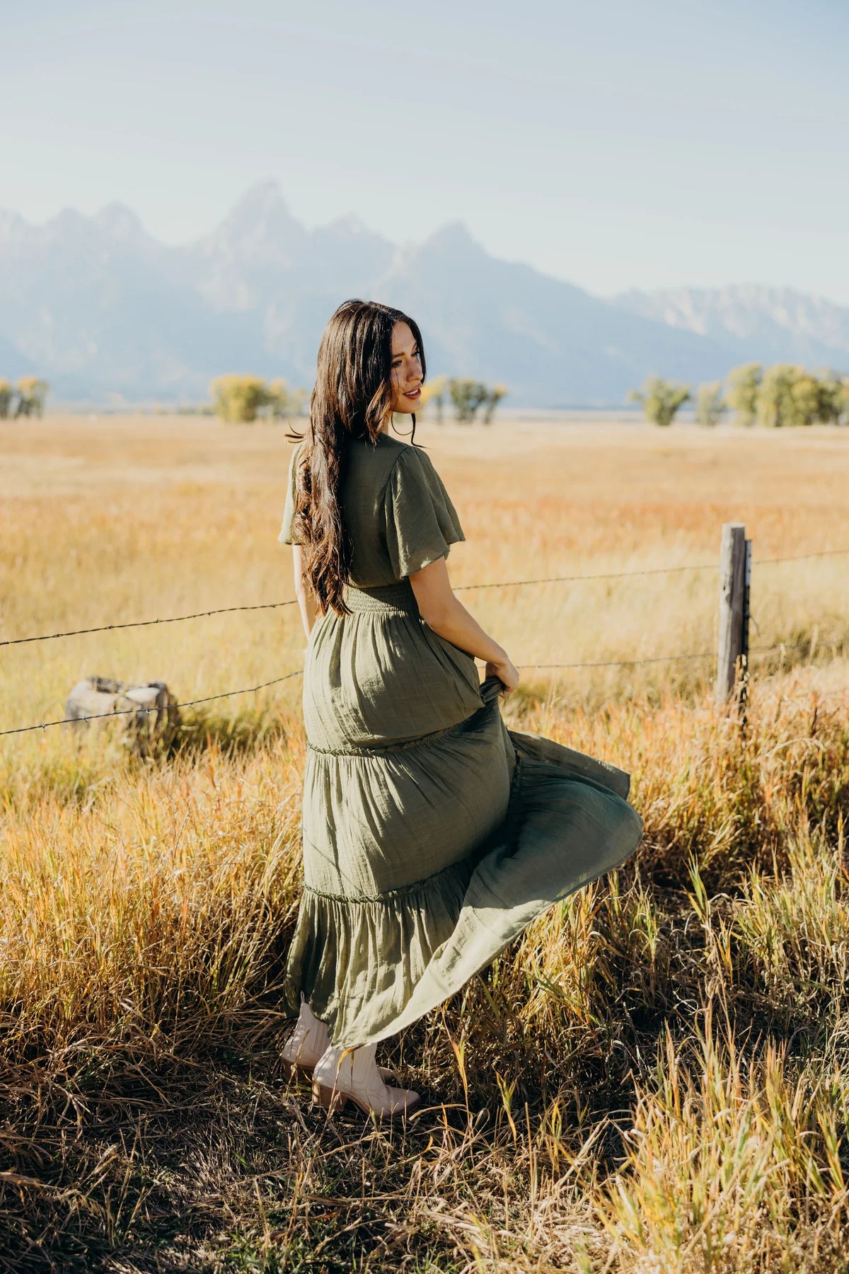 V Neck Maxi Length Tiered Dress with Elastic Waistband