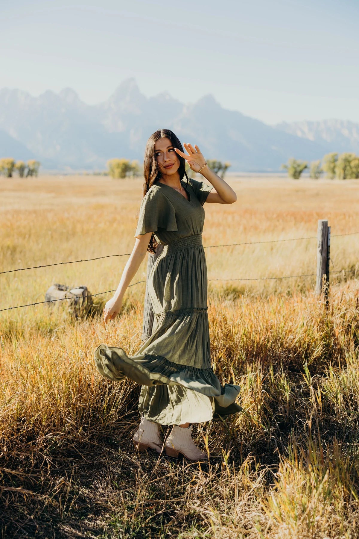V Neck Maxi Length Tiered Dress with Elastic Waistband