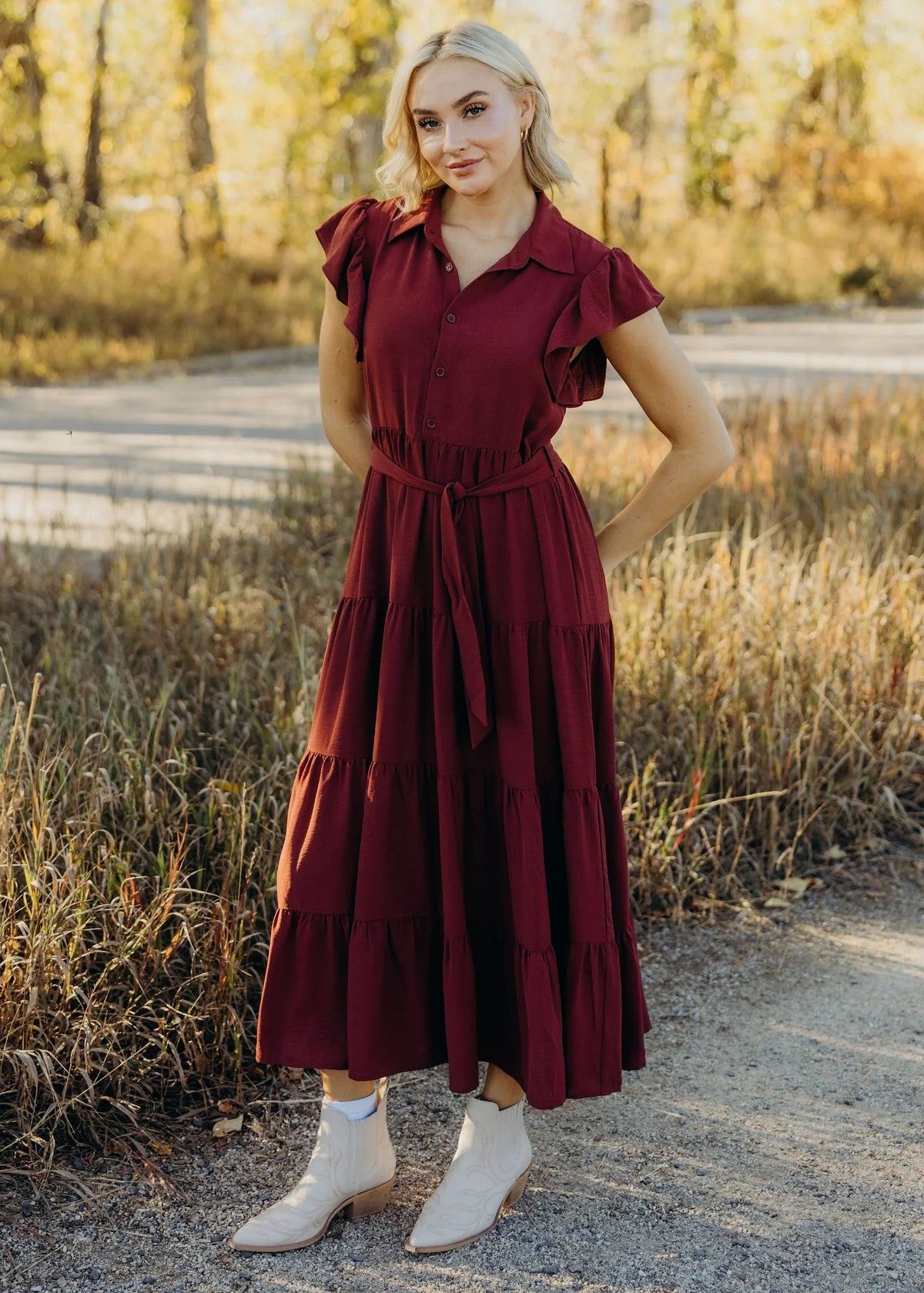 Tiered Maxi Dress with Tie Waist and Flutter Sleeve