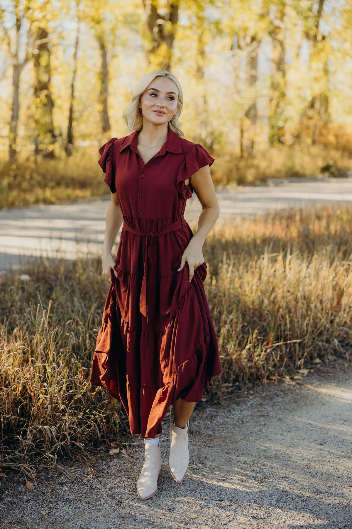 Tiered Maxi Dress with Tie Waist and Flutter Sleeve