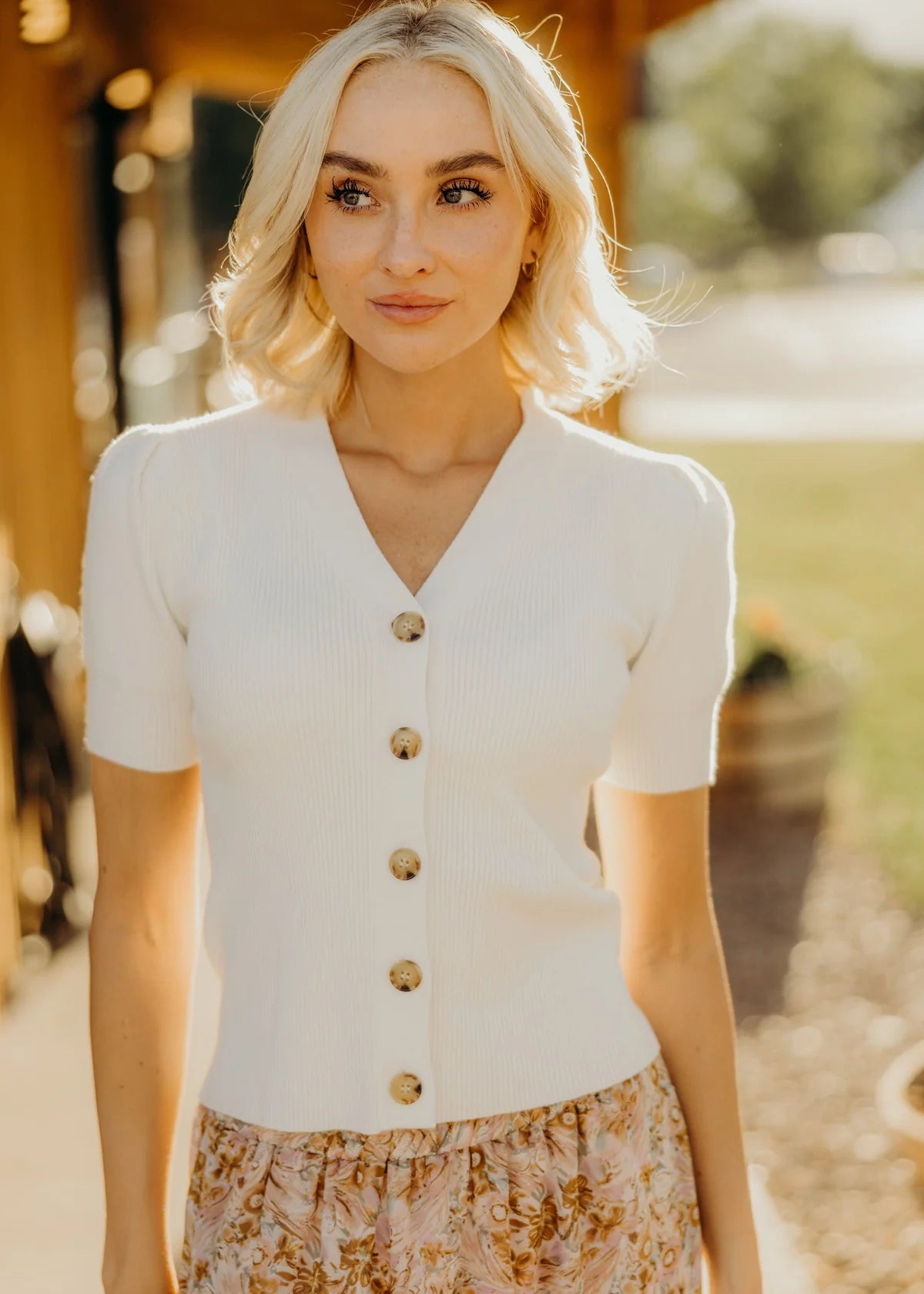 Short Sleeve Rib Knit Button Front Cardigan