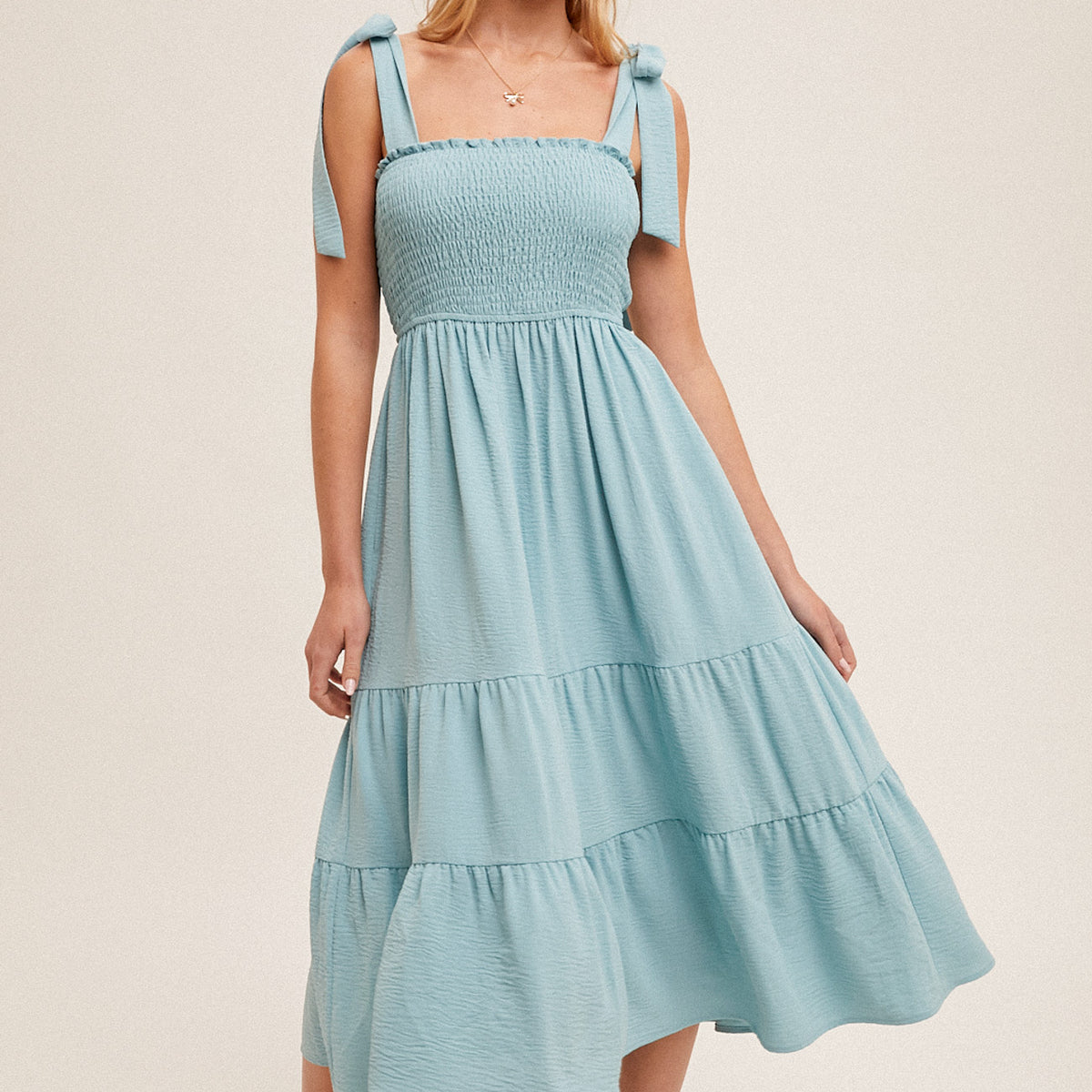 *FINAL SALE* Smocked Bodice Tie Strap Tiered Midi Dress Mainstream