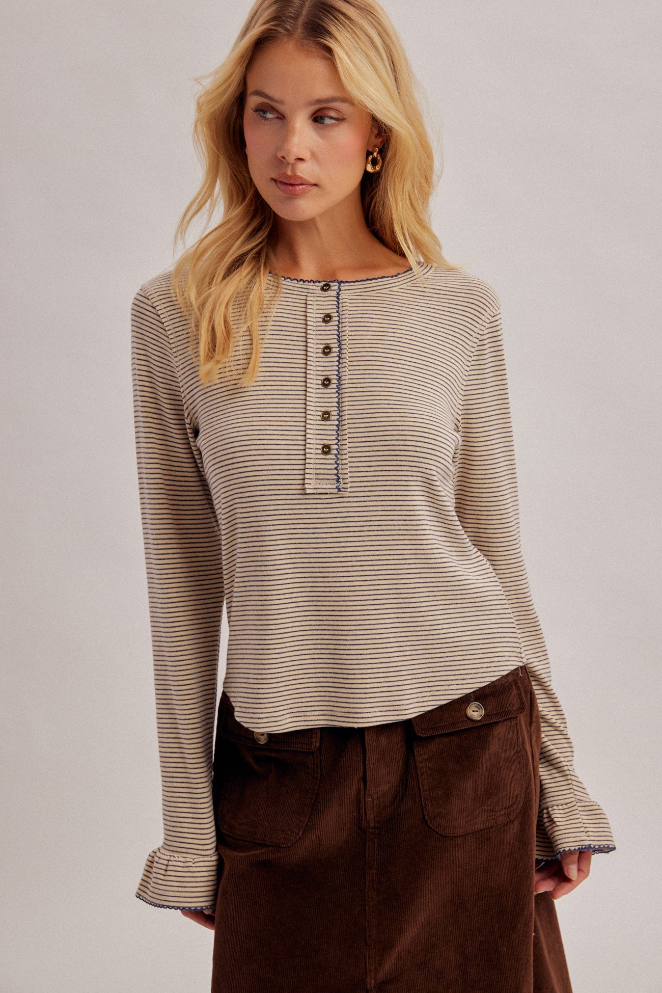 Pinstripe Henley Top with Lace Scallop Edge and Flared Sleeve Cuff