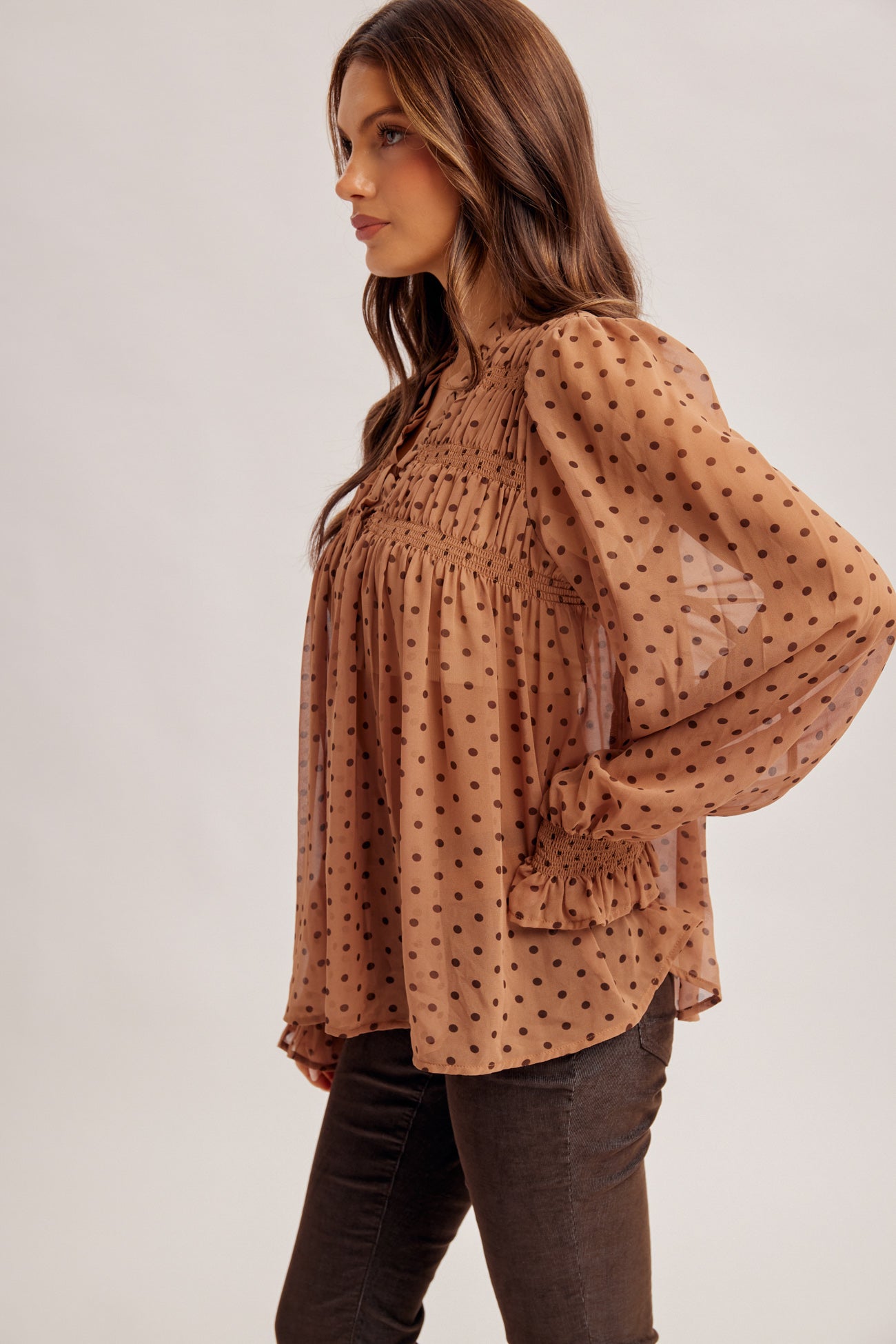 Polka Dot Printed Blouse with Smocked Yoke Detail