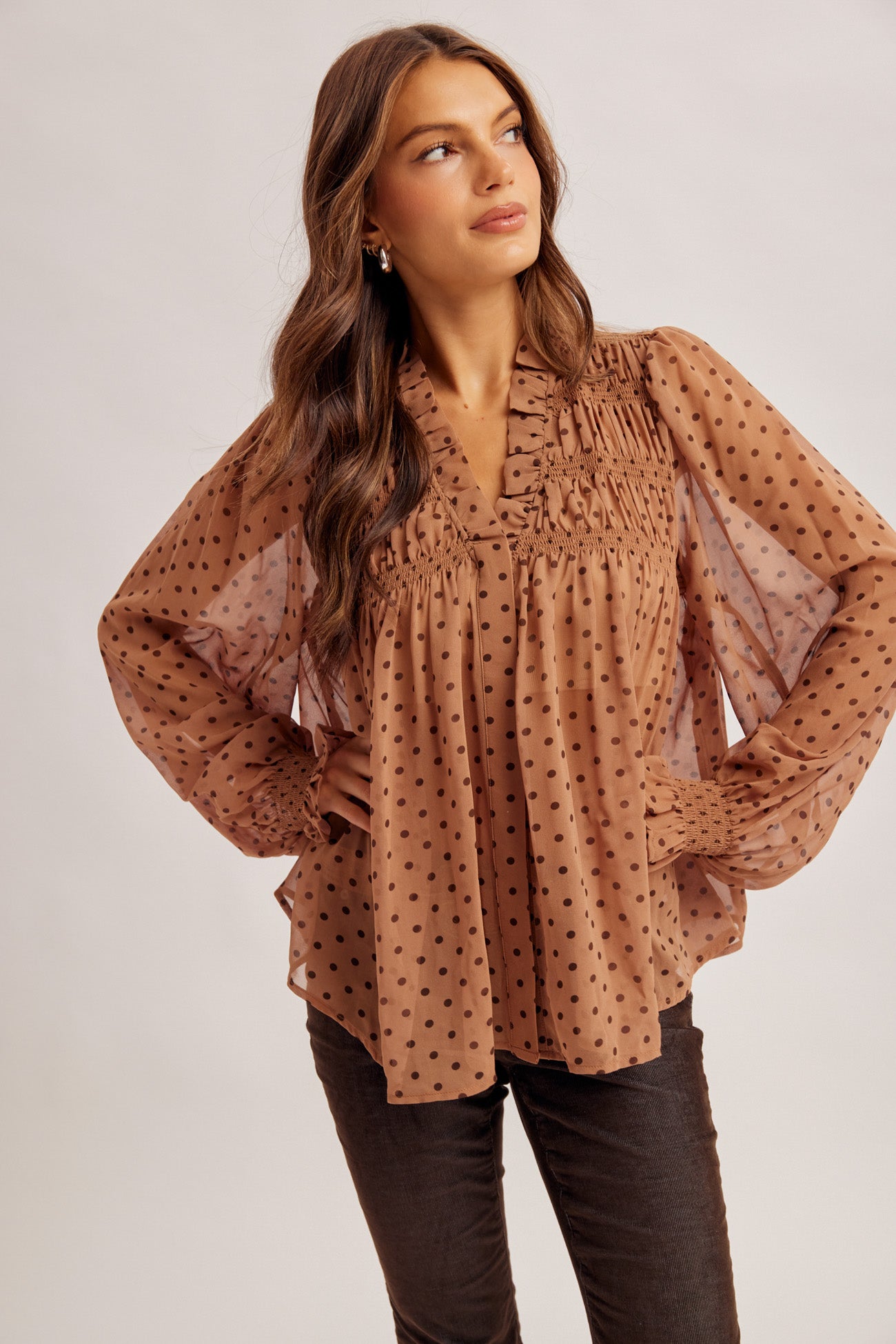 Polka Dot Printed Blouse with Smocked Yoke Detail