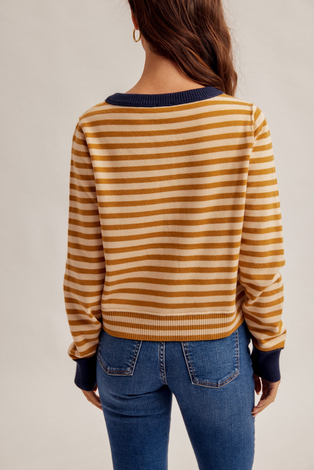Striped Button Front Cardigan with Contrast Trim