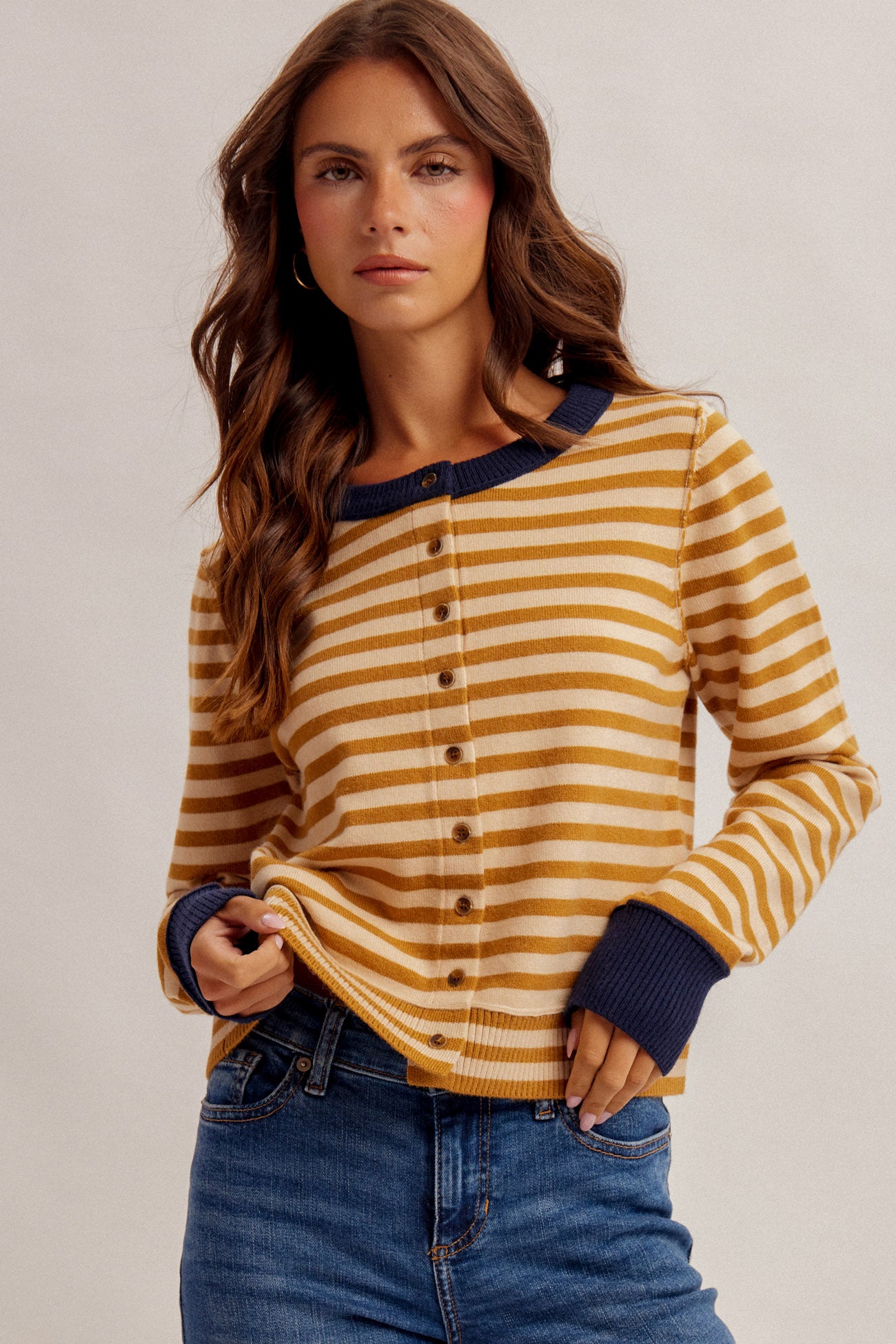 Striped Button Front Cardigan with Contrast Trim
