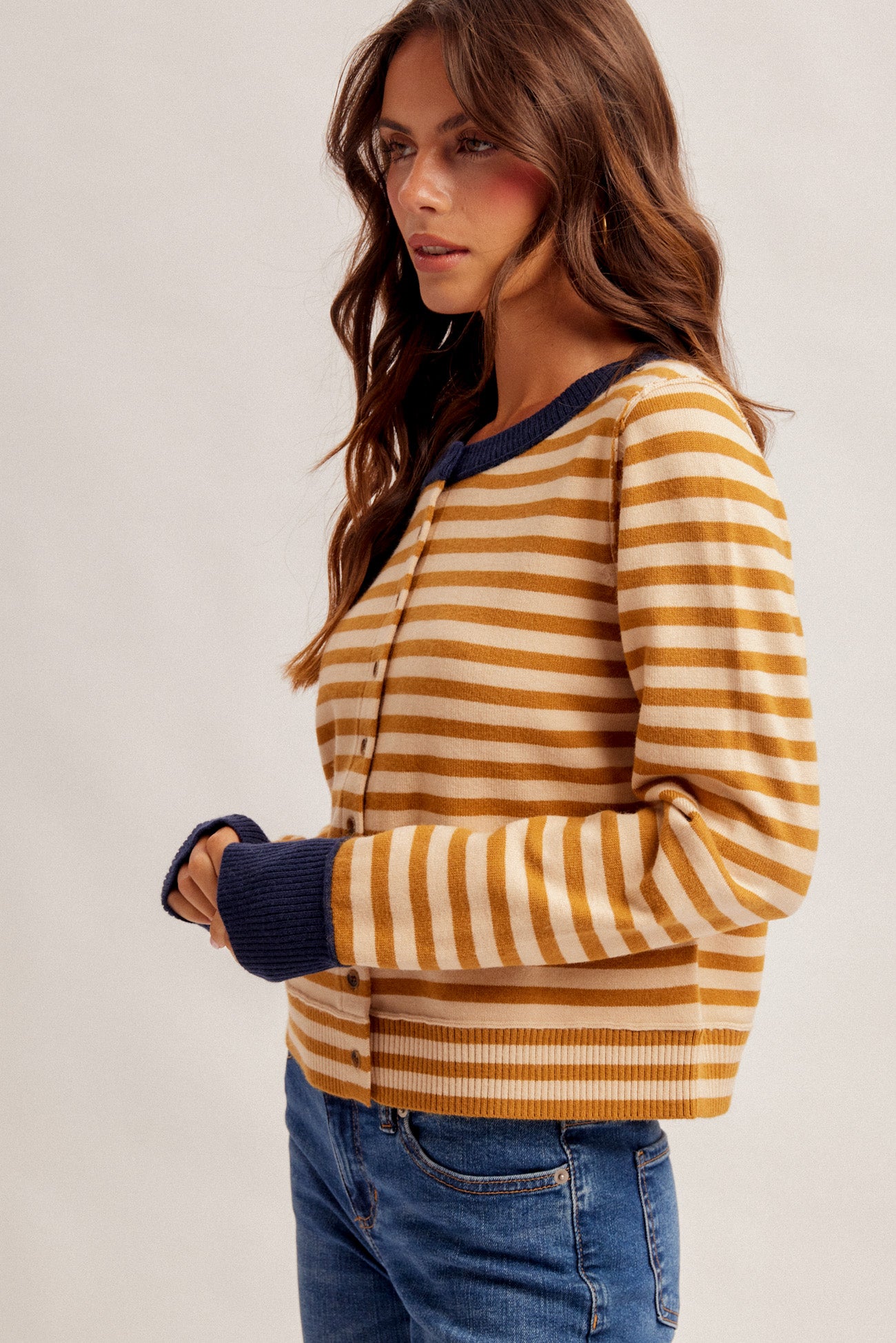 Striped Button Front Cardigan with Contrast Trim