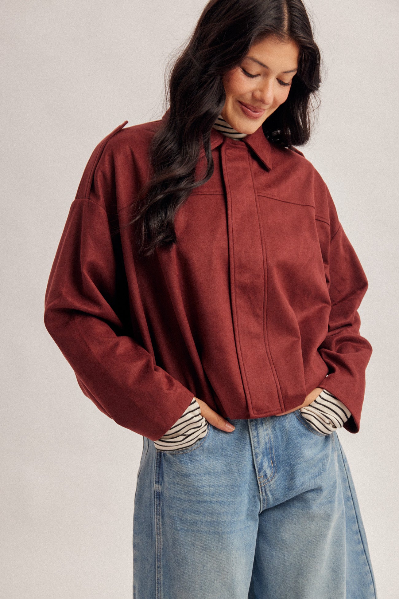 Microsuede Bubble Hem Zip Up Jacket