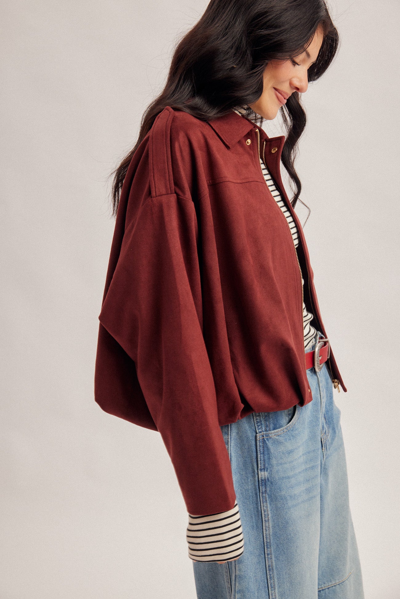 Microsuede Bubble Hem Zip Up Jacket