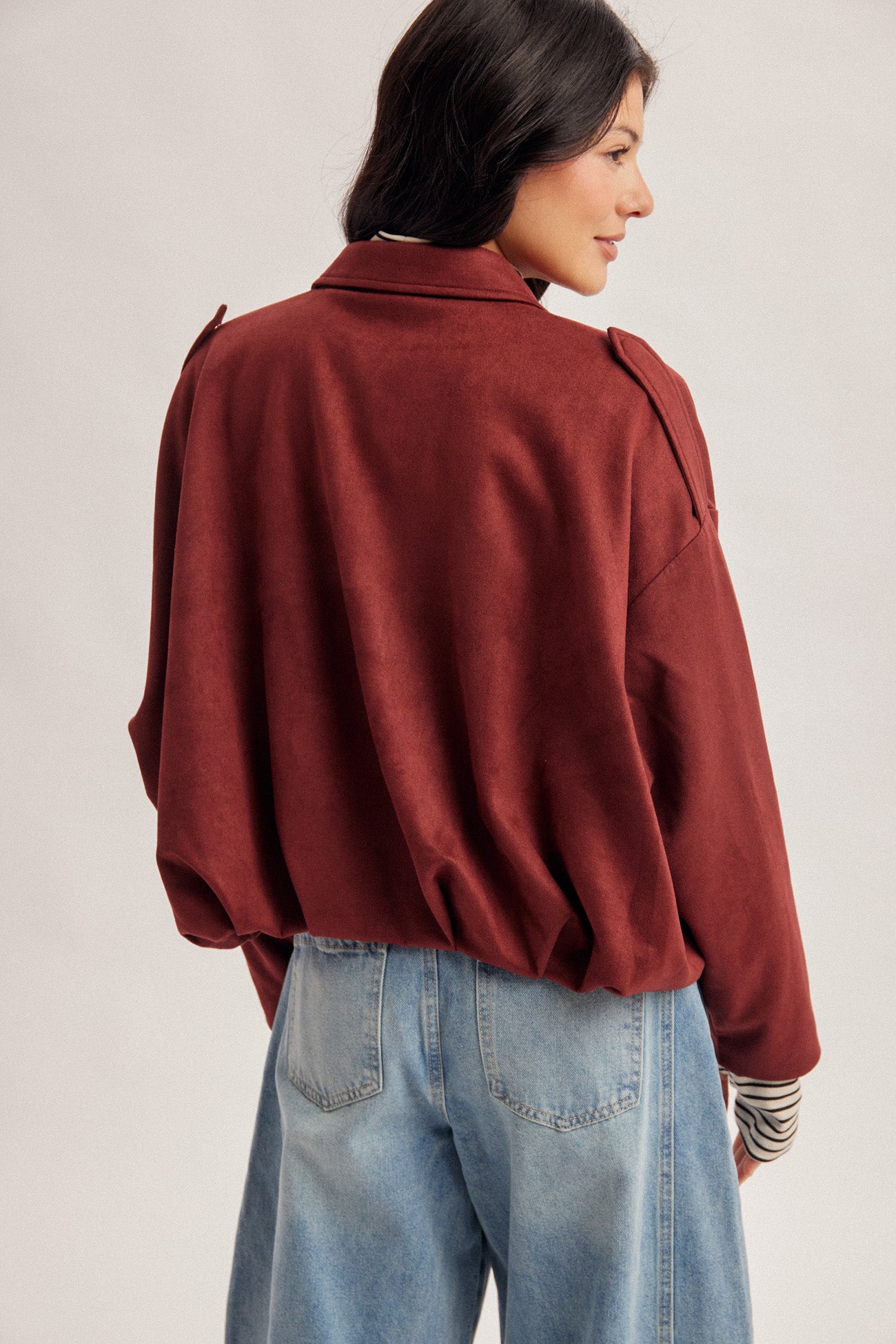 Microsuede Bubble Hem Zip Up Jacket