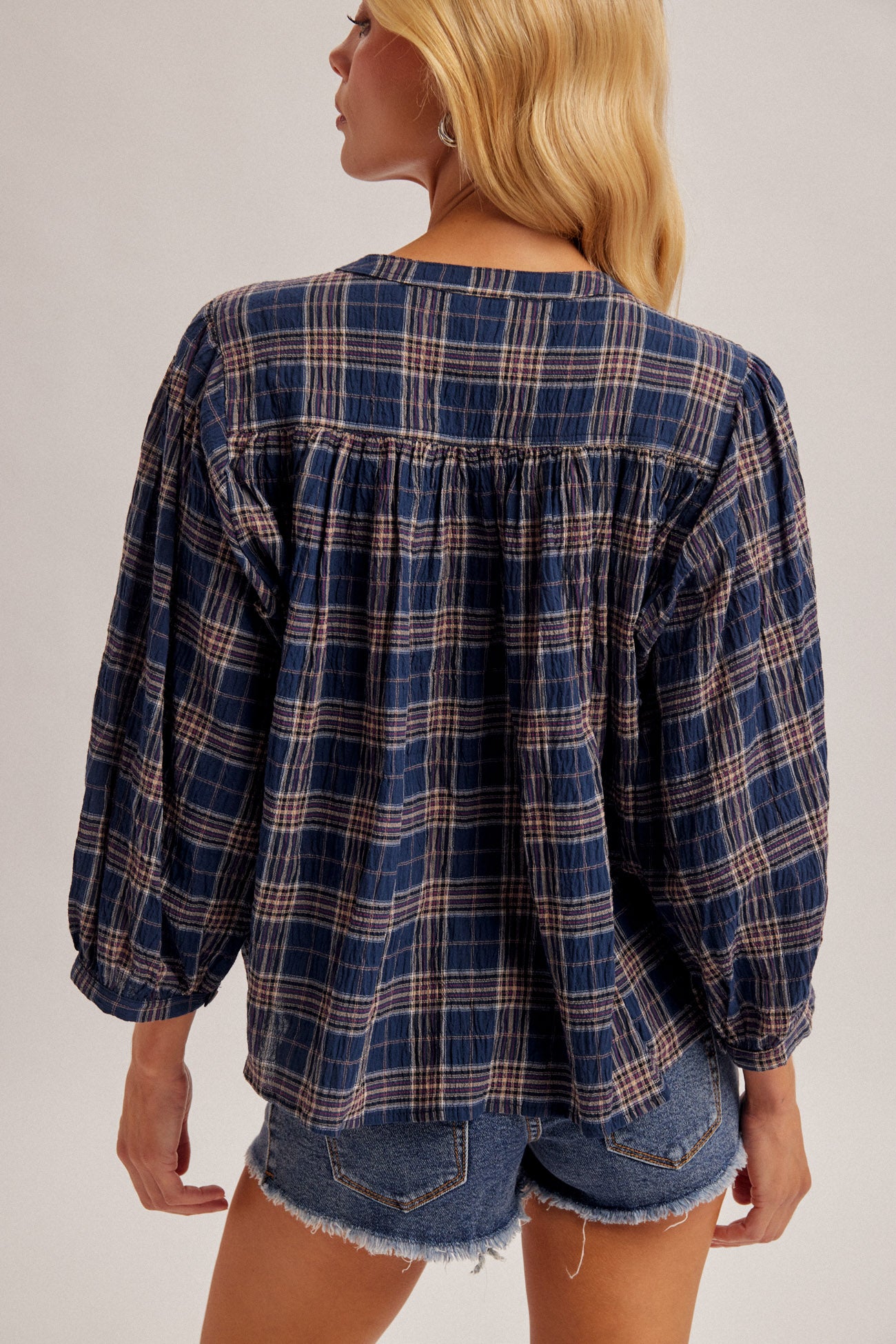 Cotton Plaid Button Front Top with Bubble Sleeves