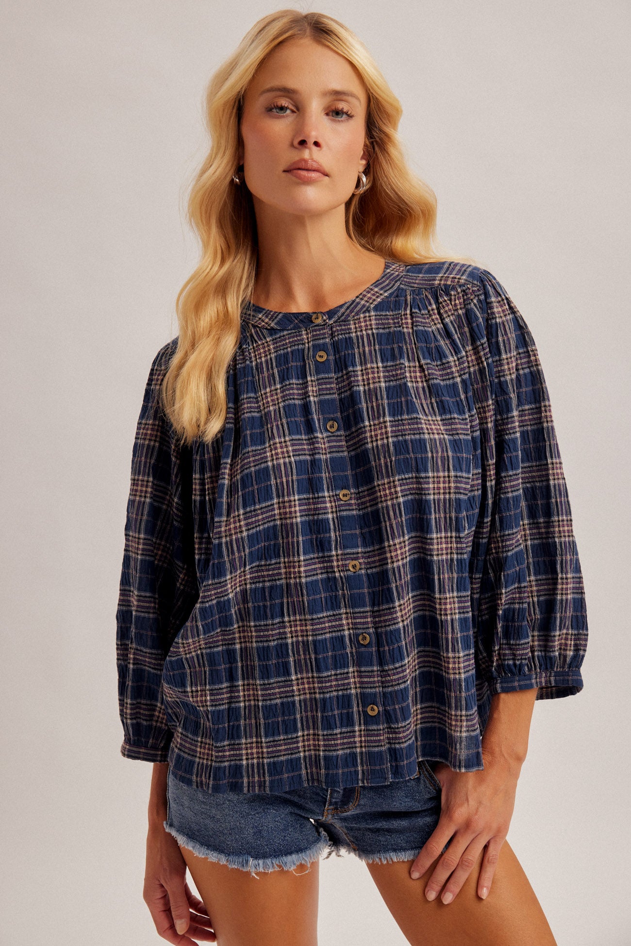 Cotton Plaid Button Front Top with Bubble Sleeves