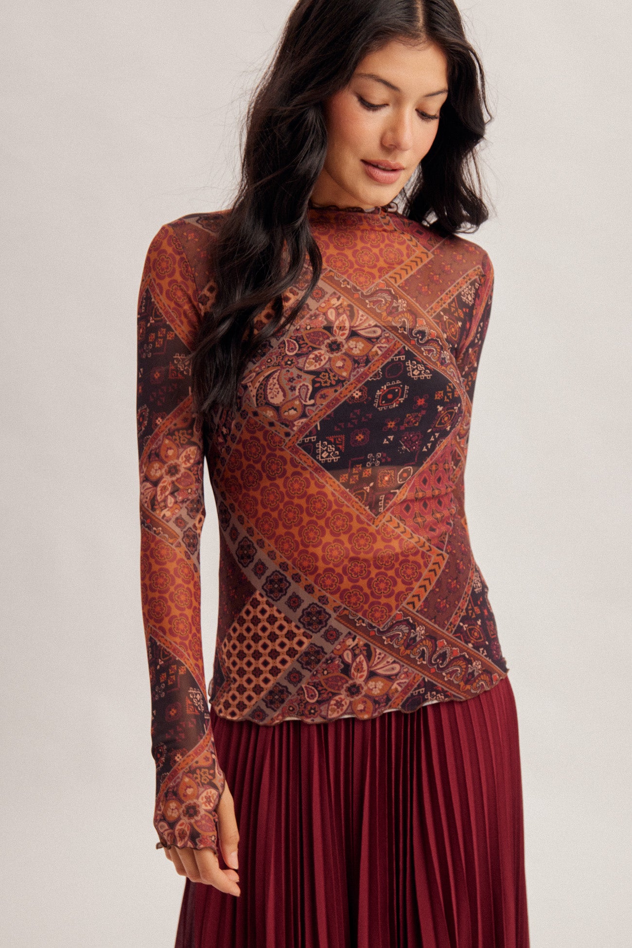 Patchwork Mosaic Print Mesh Top