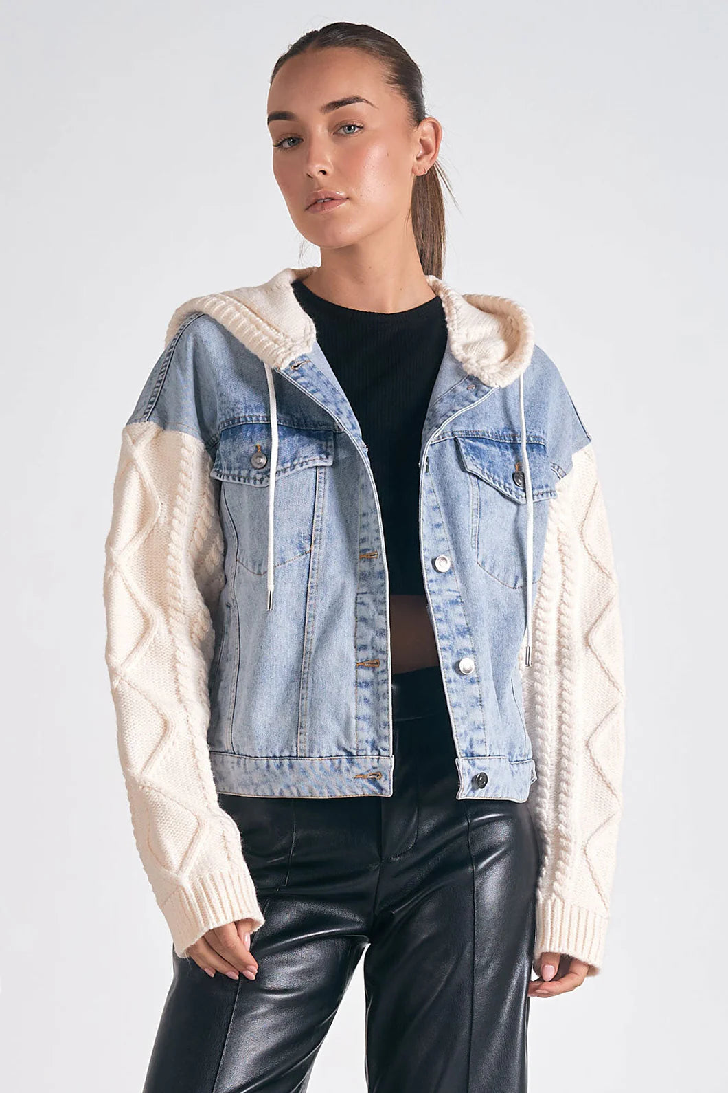 Jean jacket with sweater sleeves and hood online