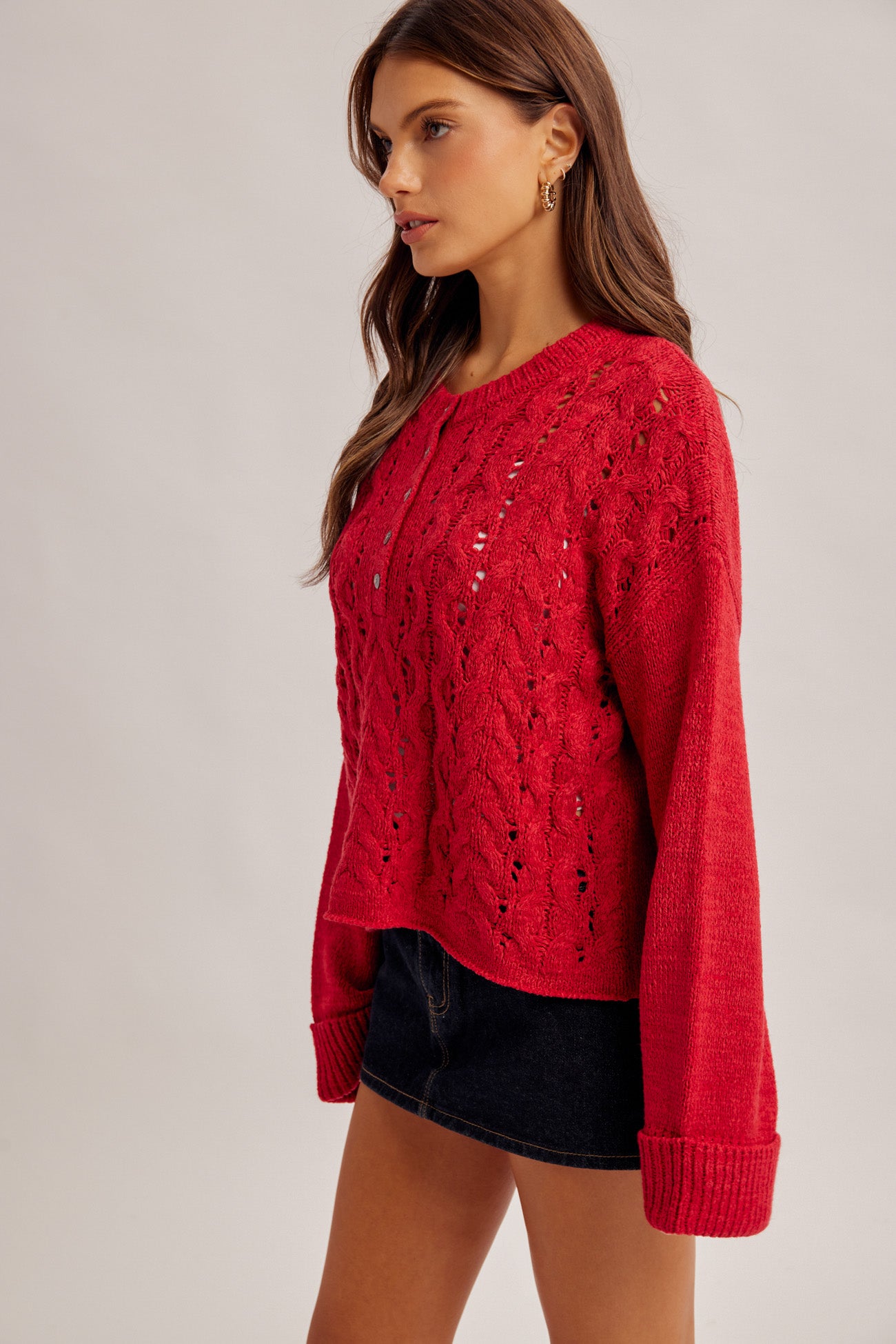 Crew Neck Button-Front Long Sleeve Sweater