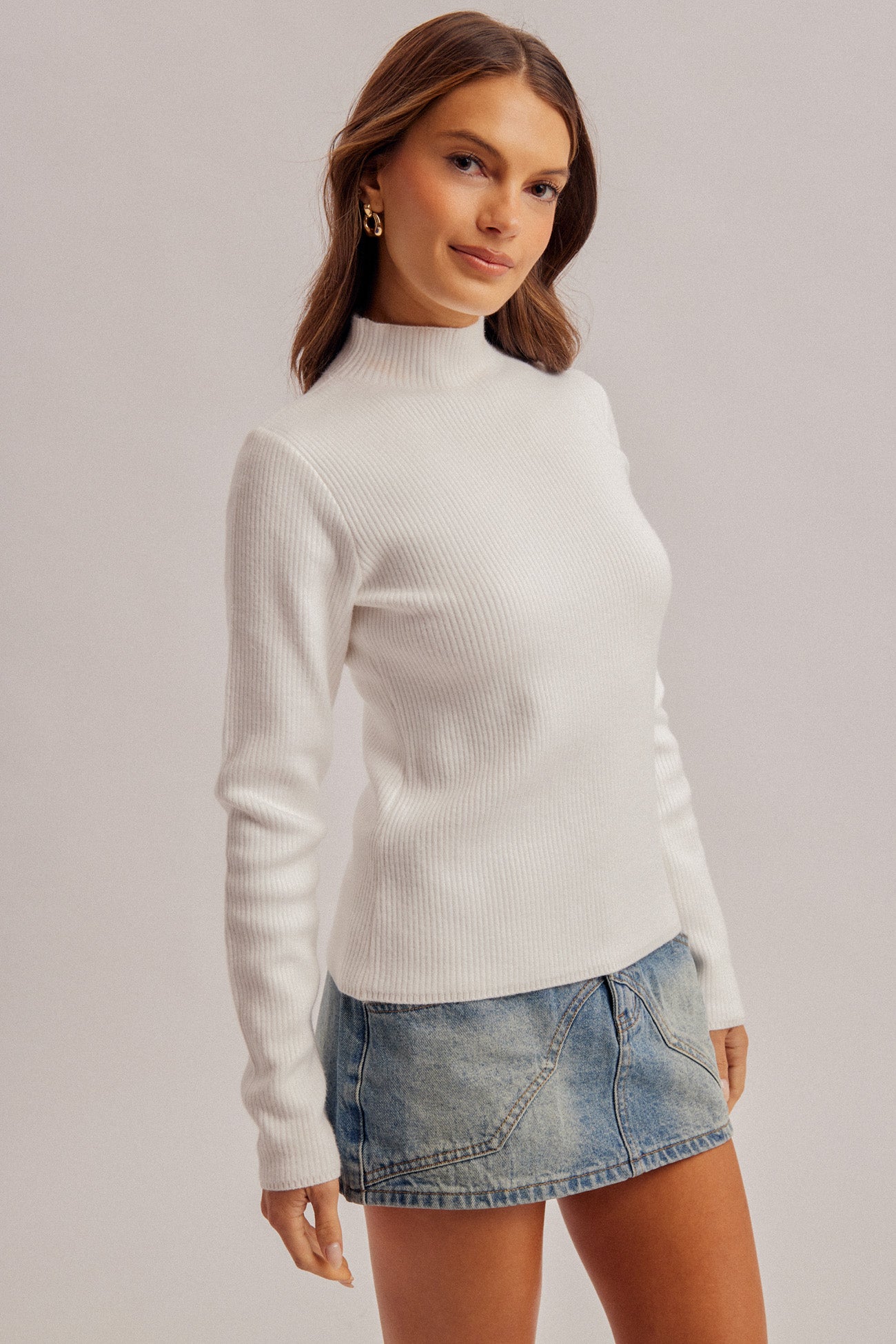 Fleece-Lined Ribbed Mock Neck Sweater