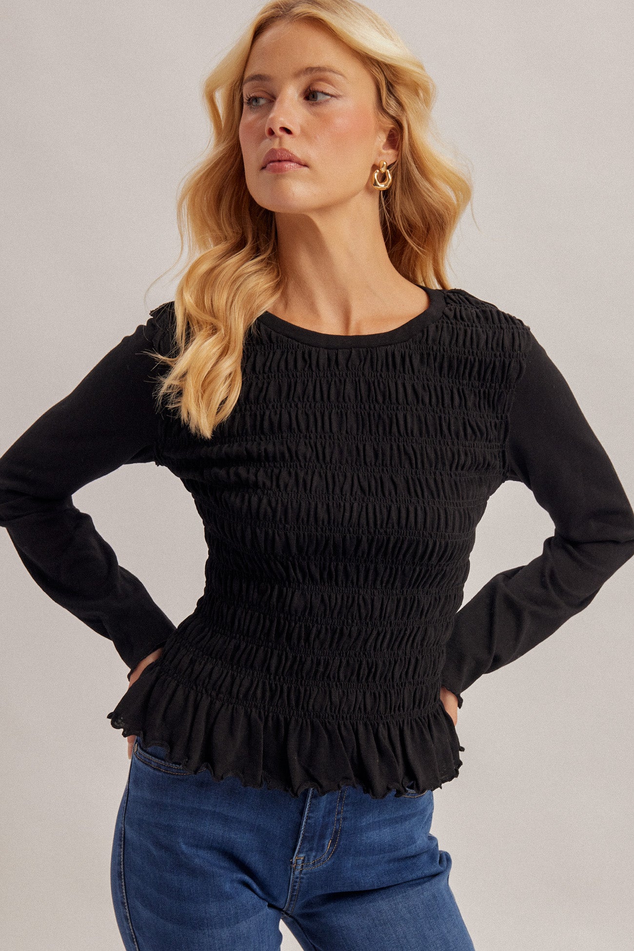 Long Sleeve Top with Ruched Body and Exposed Seaming Detail