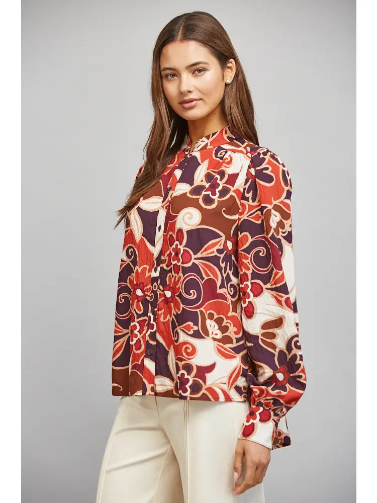 Abstract Floral Print Stand-Up Collar Button Down Top