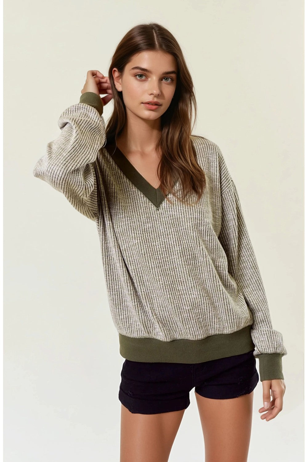 V-Neck Oversized Vertical Stripe Two-Tone Ribbed Top w/ Reverse Stitch Detail