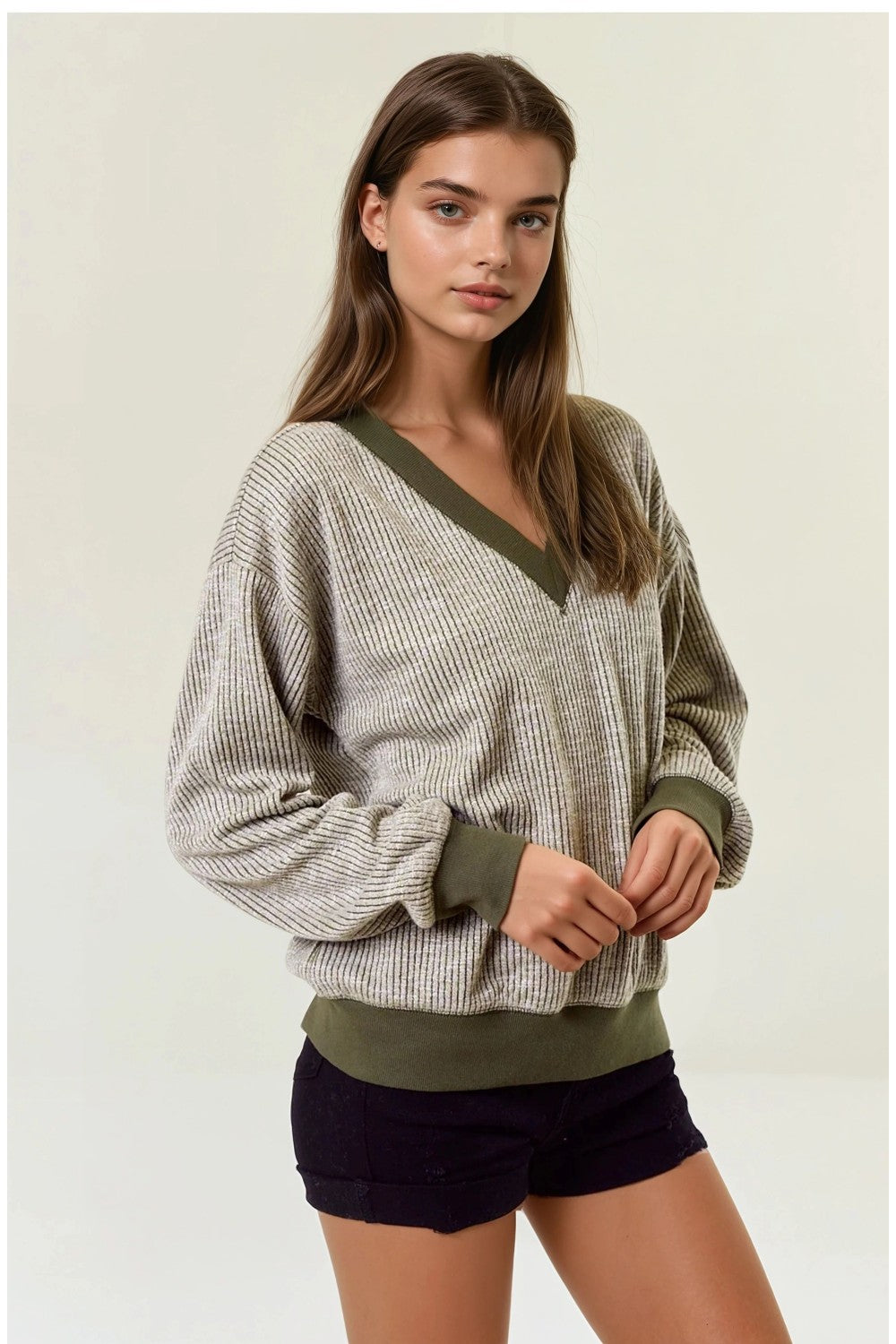 V-Neck Oversized Vertical Stripe Two-Tone Ribbed Top w/ Reverse Stitch Detail