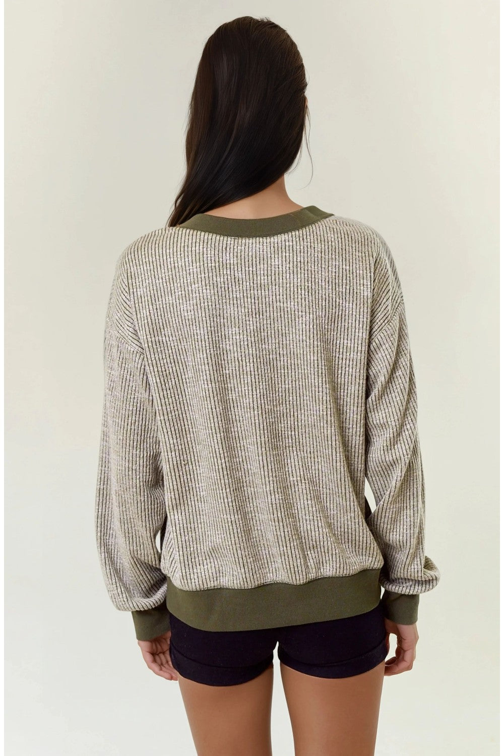 V-Neck Oversized Vertical Stripe Two-Tone Ribbed Top w/ Reverse Stitch Detail