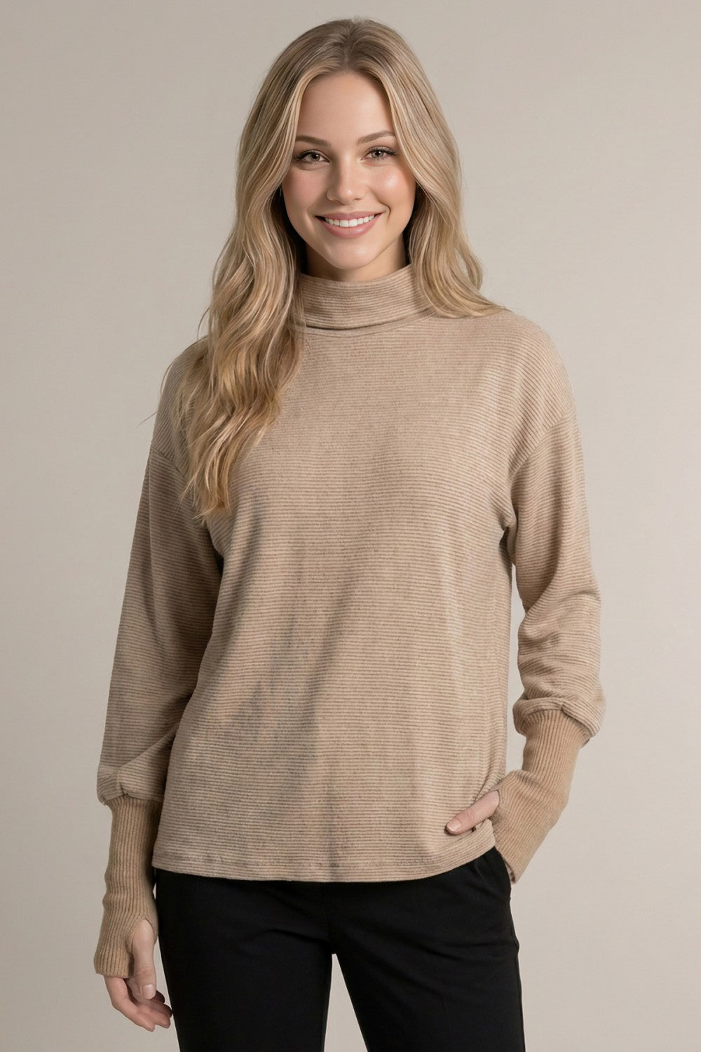 Pinstriped Cowl Neck Long Sleeve Top