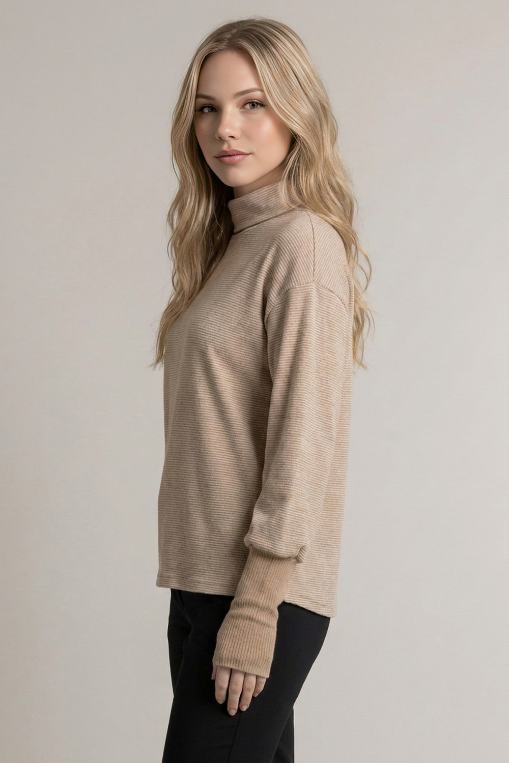 Pinstriped Cowl Neck Long Sleeve Top