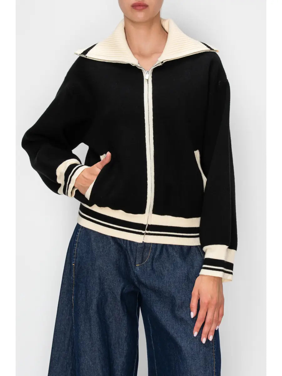Striped Trim Zip Front Jacket