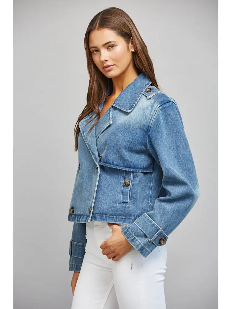 Cotton Double Breasted Crop Denim Jacket