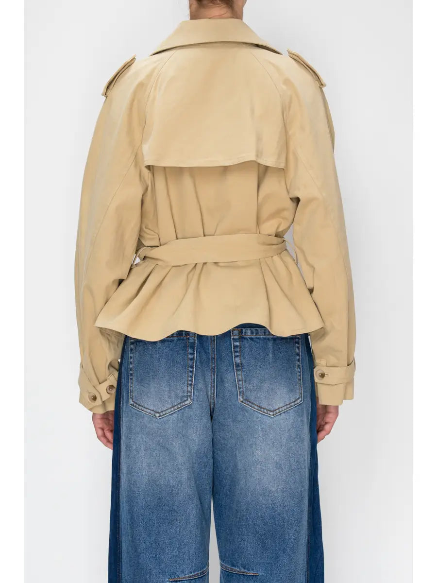 Cotton Double Breasted Belted Cropped Trench Jacket