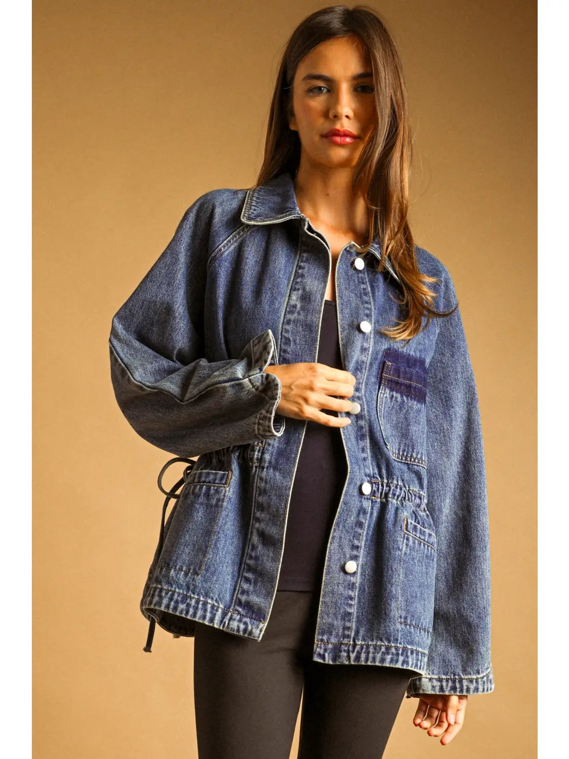 Oversized Denim Jacket with Waist Drawstring