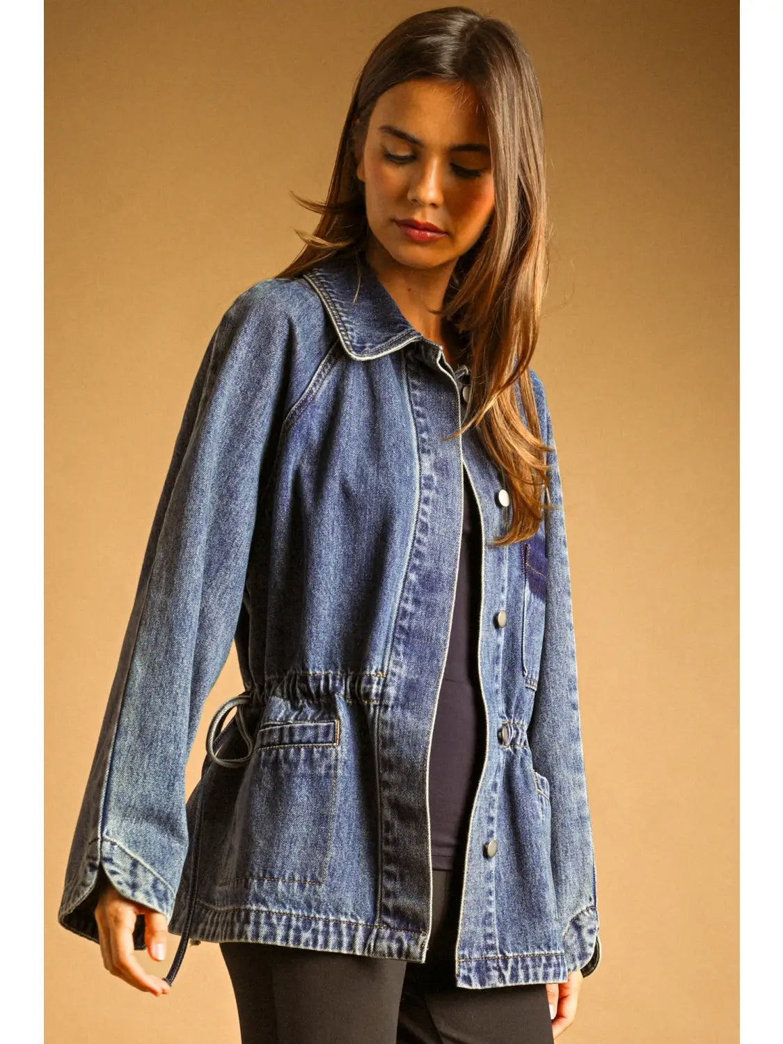 Oversized Denim Jacket with Waist Drawstring