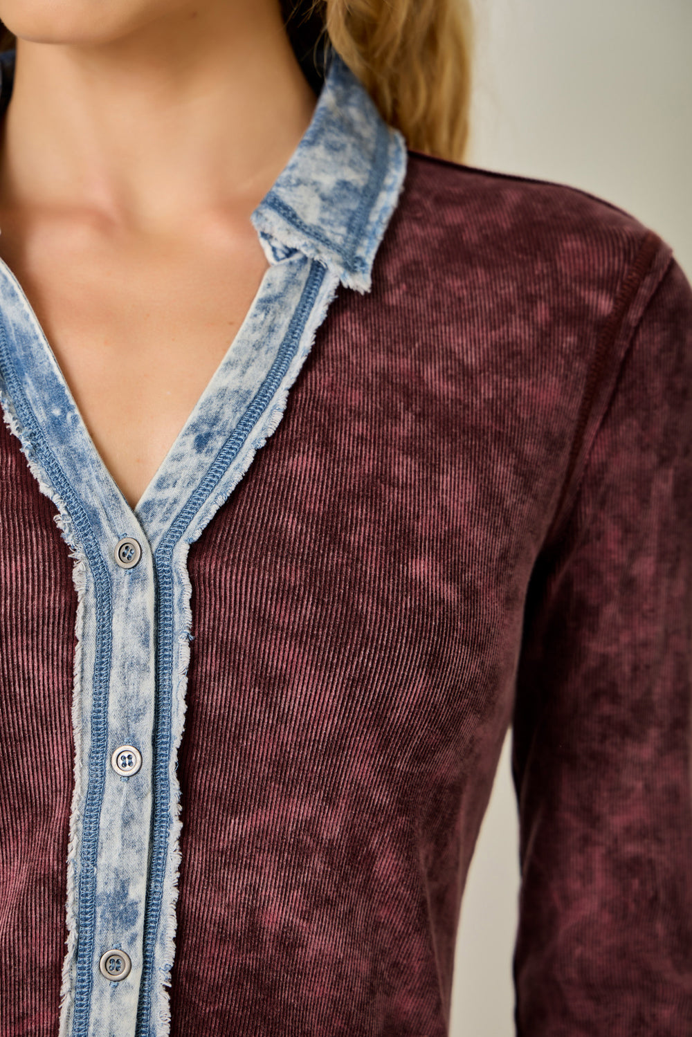 Washed Ribbed Thermal Button Down Top