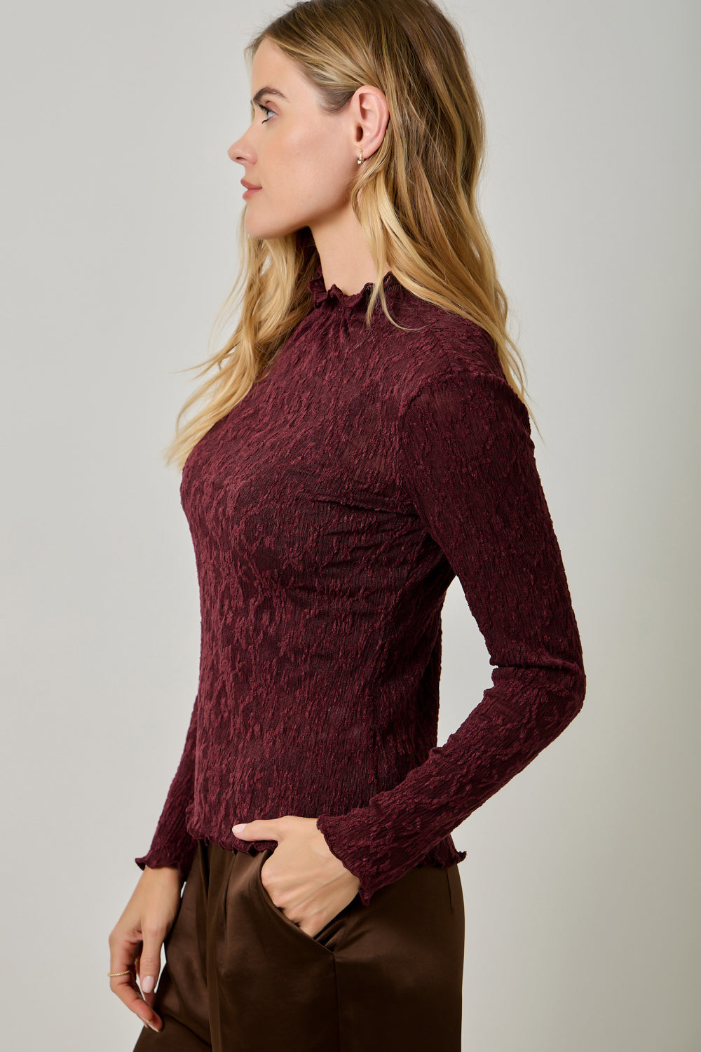 Lettuce Edge Knit Mesh Textured Top