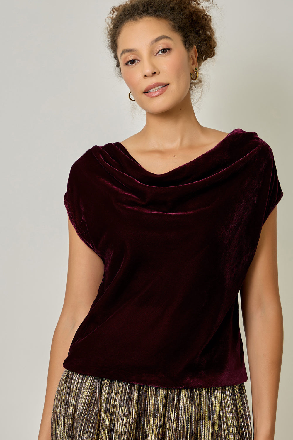 Velvet Cowl Neck Short Sleeve Top