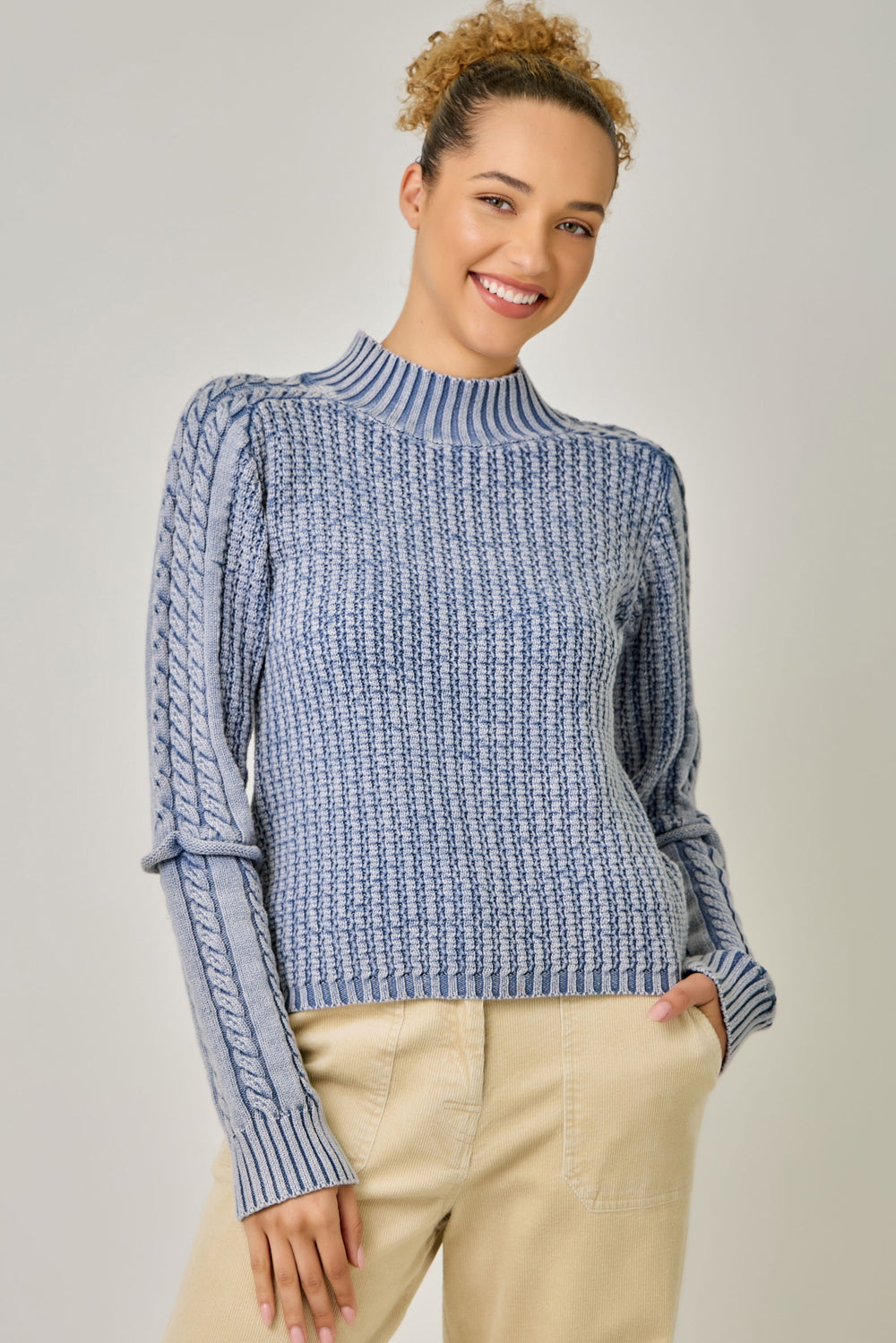 Cotton Washed Cable Knit Mock Neck Sweater